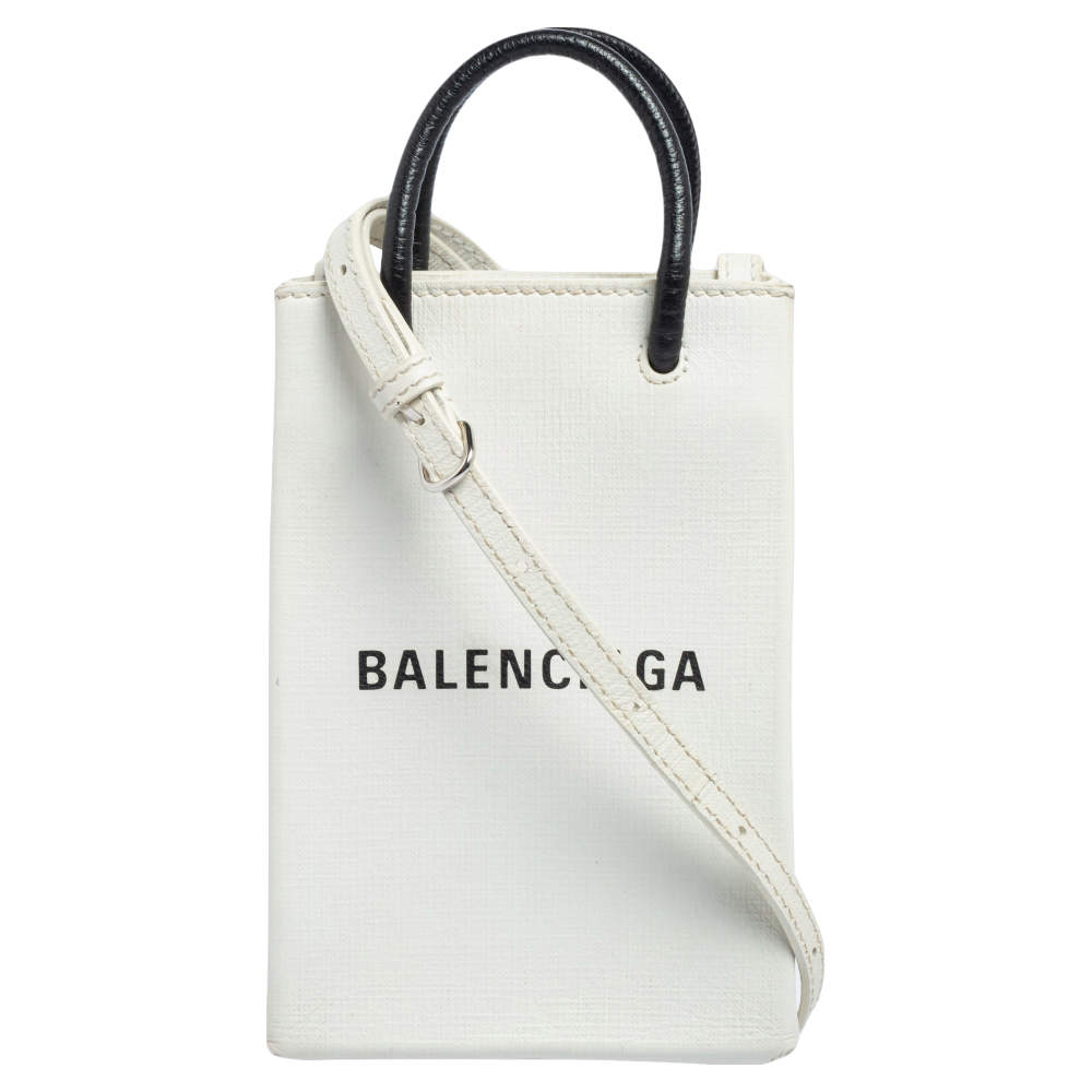 Pre Owned Balenciaga White Leather Shopping Phone Holder Bag
