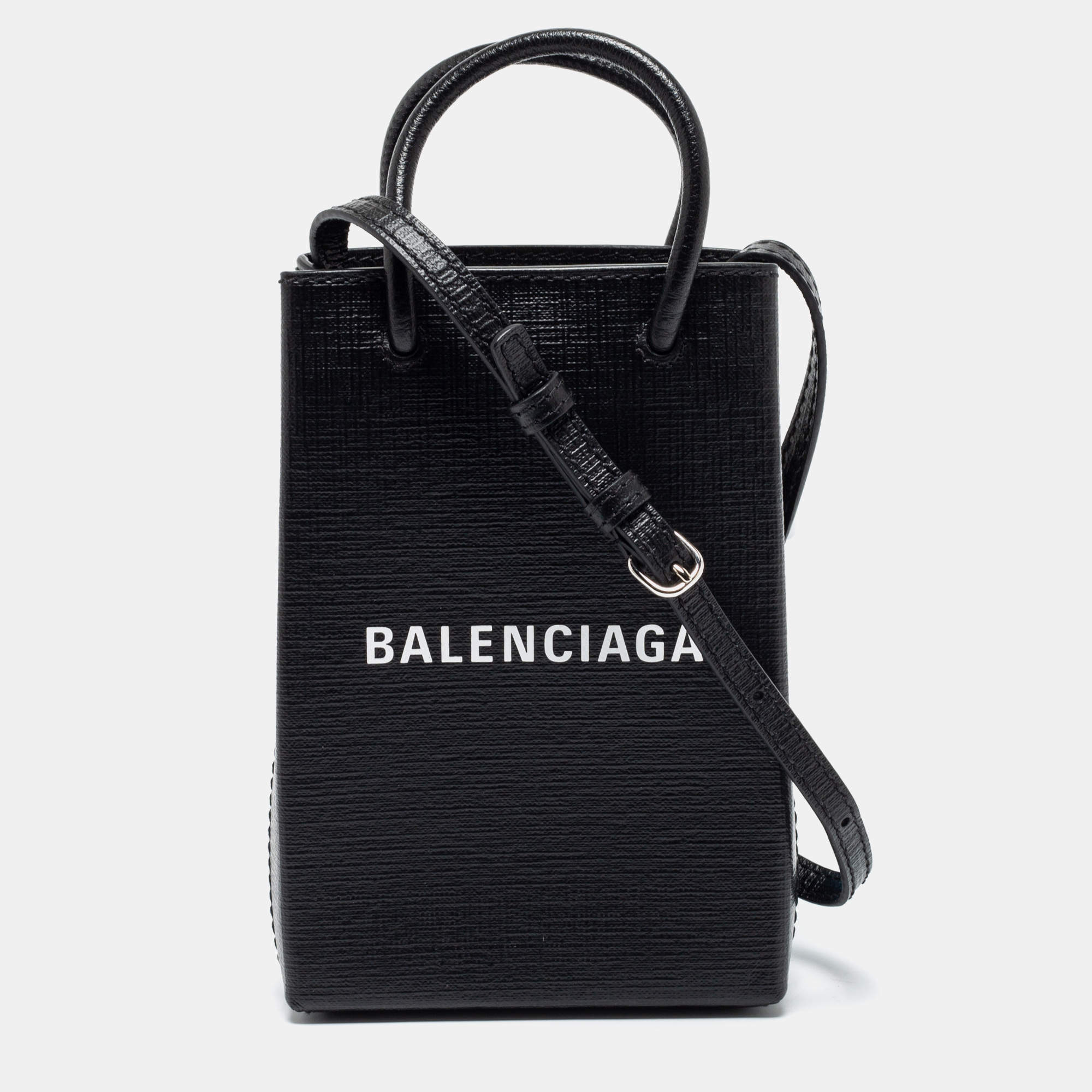 Balenciaga Black Leather Shopping Phone Holder Bag