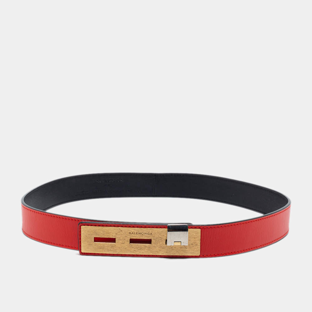 Pre Owned Balenciaga Orange/Black Leather Buckle Belt 80CM