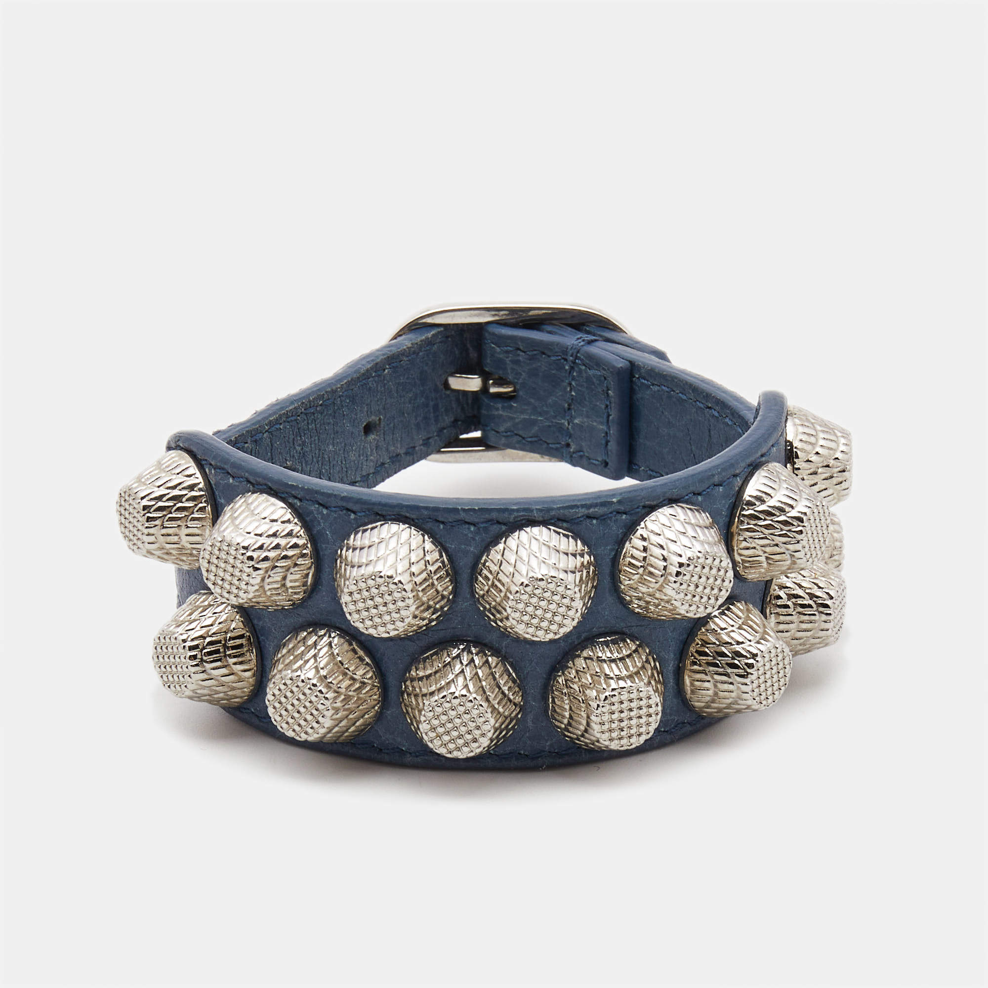 Pre Owned Balenciaga Stud Silver Tone Leather Bracelet