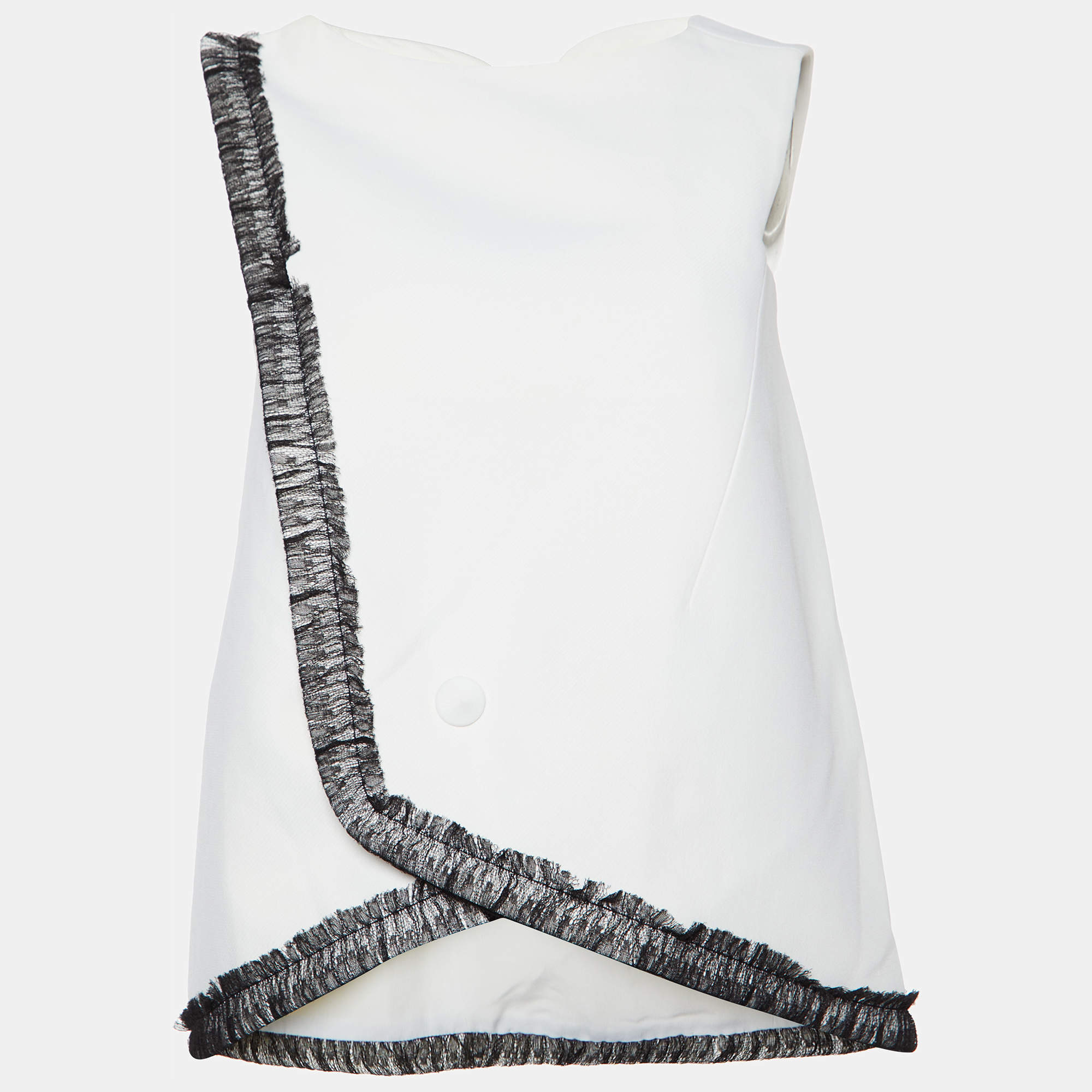 Pre Owned Balenciaga Off-White Crepe Contrast Lace Trim Top S