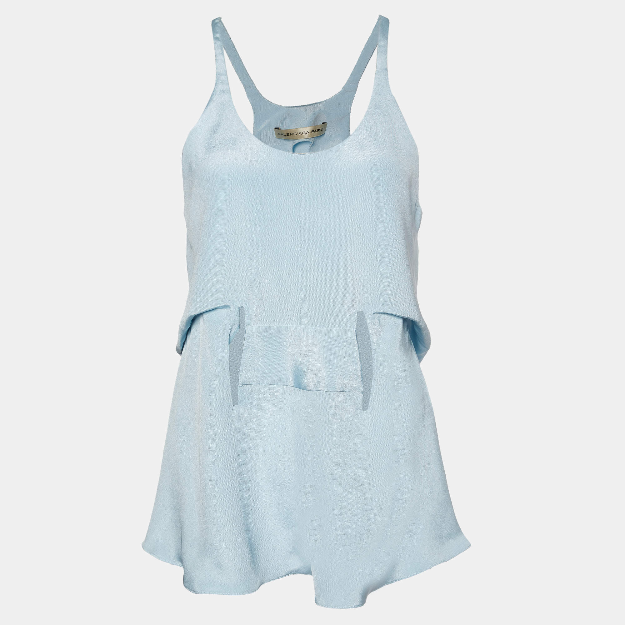 مملوكة مسبقًا Balenciaga Light Blue Silk Cut-Out Sleeveless Top M