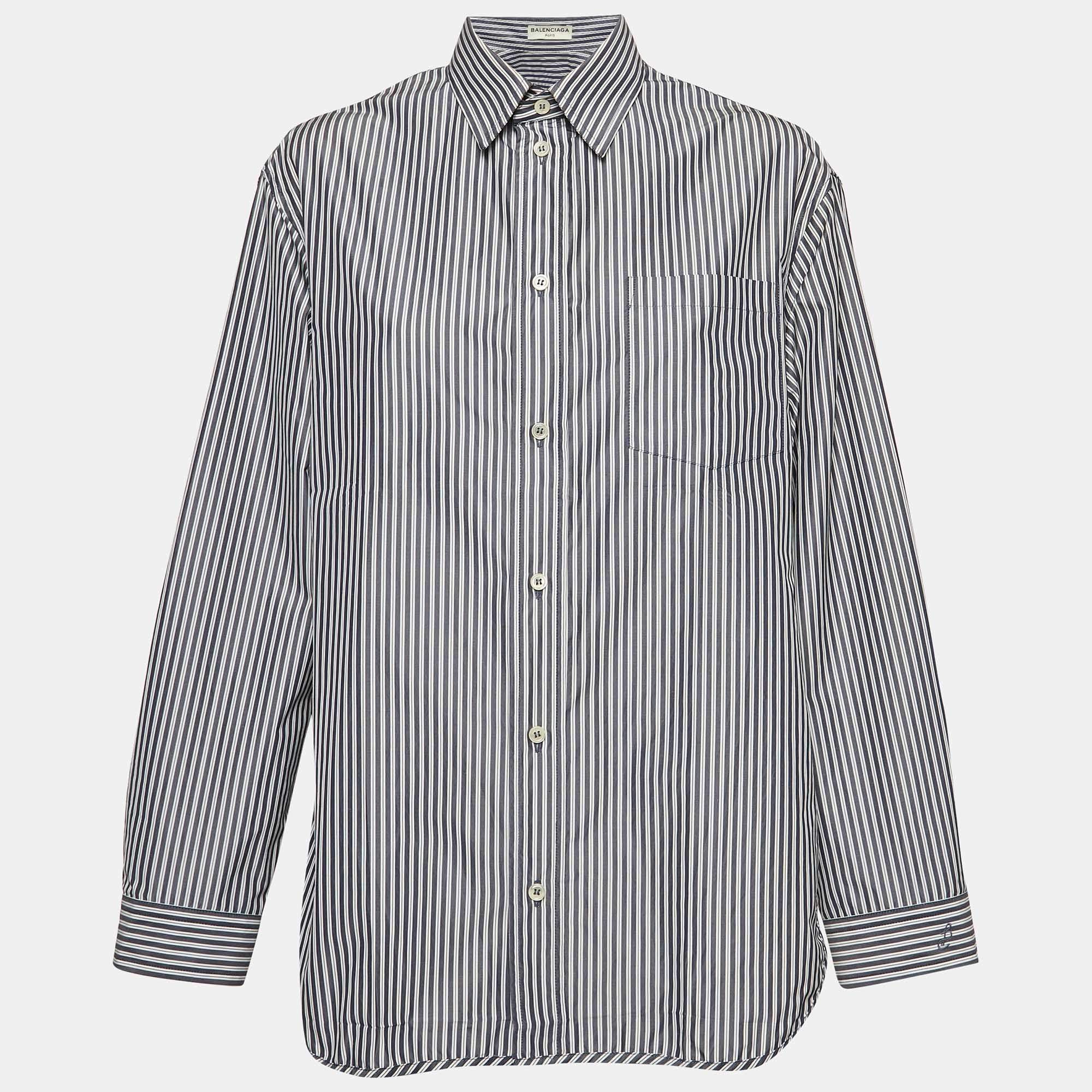 Pre Owned Balenciaga Blue Pinstripe Poplin Oversized Shirt S