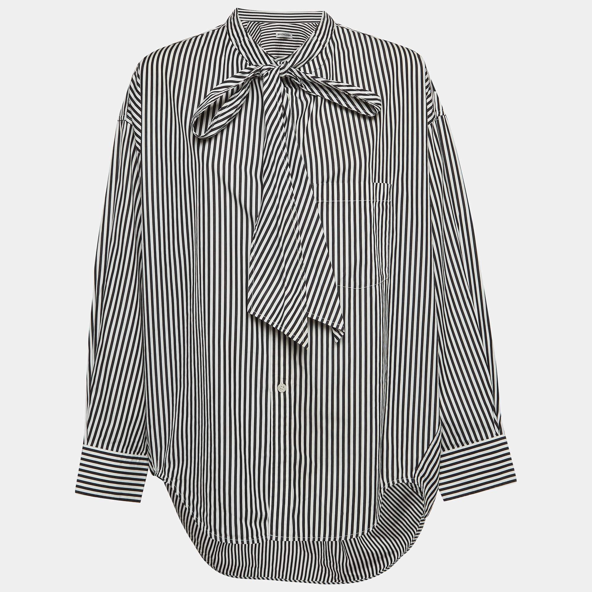 Pre Owned Balenciaga Black/White Striped Cotton Neck Tie Oversized Shirt (One Size)