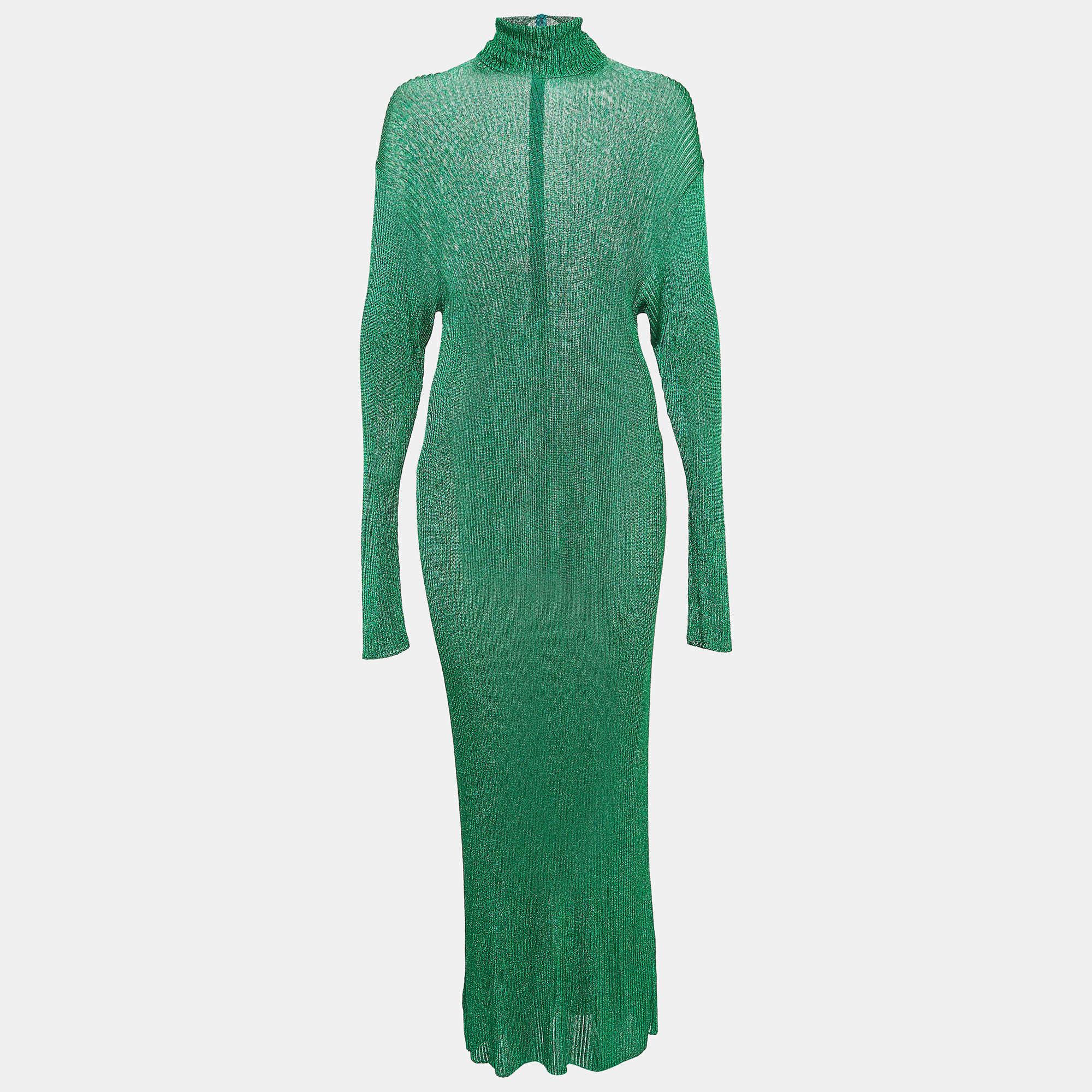 Balenciaga Green Metallic Rib Knit Turtle Neck Maxi Dress S