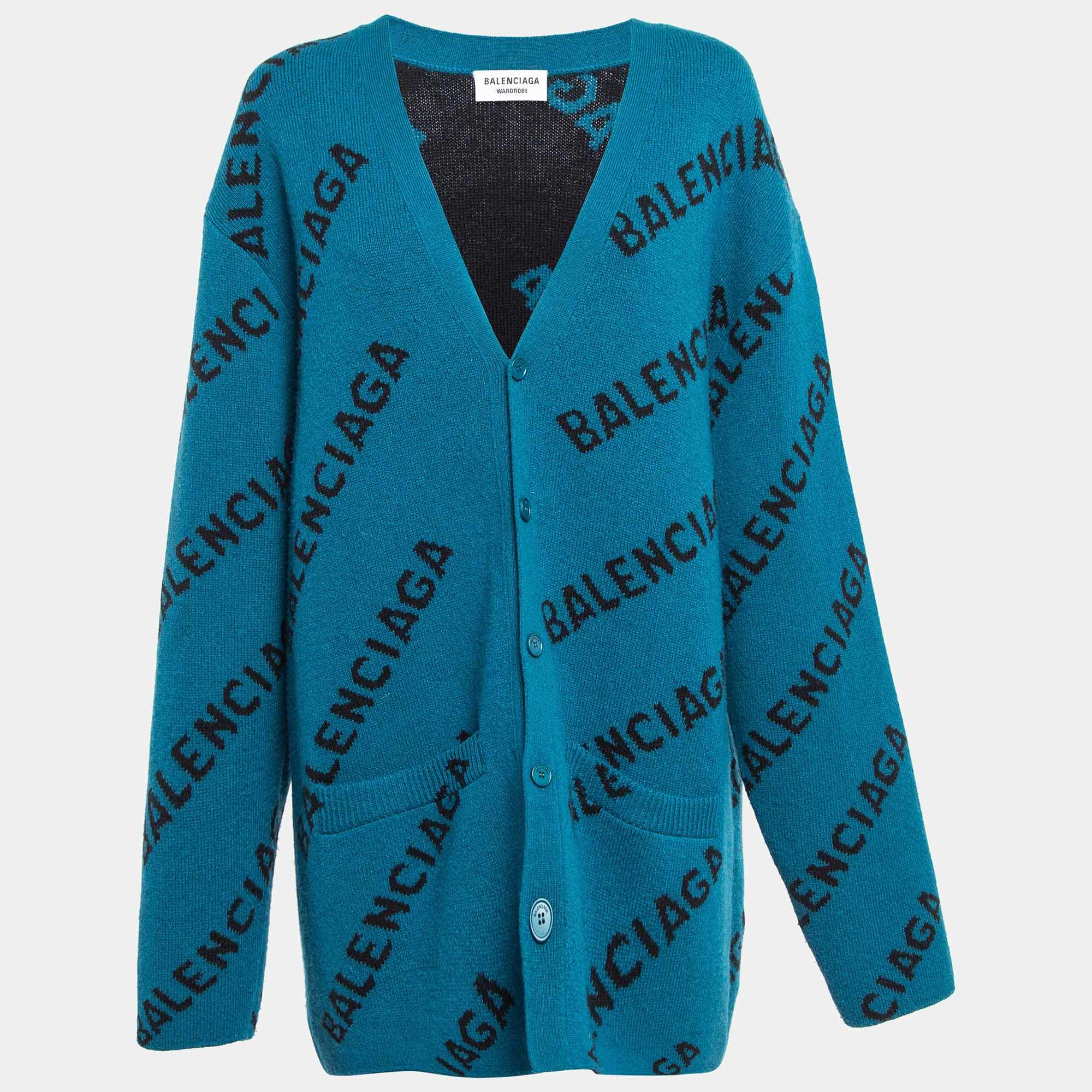 Balenciaga Blue Monogram Jacquard Wool Knit Long Archetype Cardigan L Balenciaga TLC