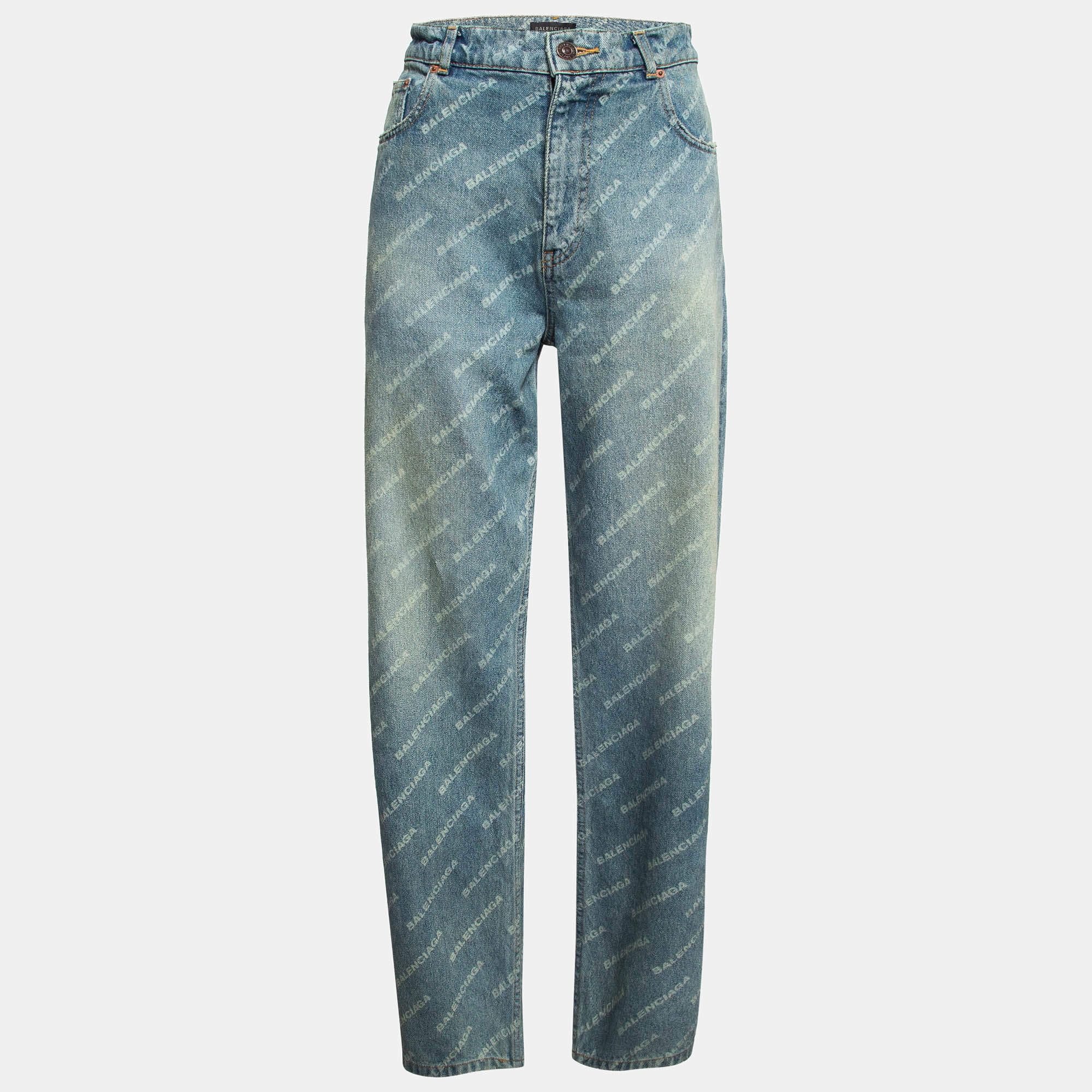 Balenciaga Blue Washed & Distressed Logo Print Denim Unisex Jeans S Waist 34"