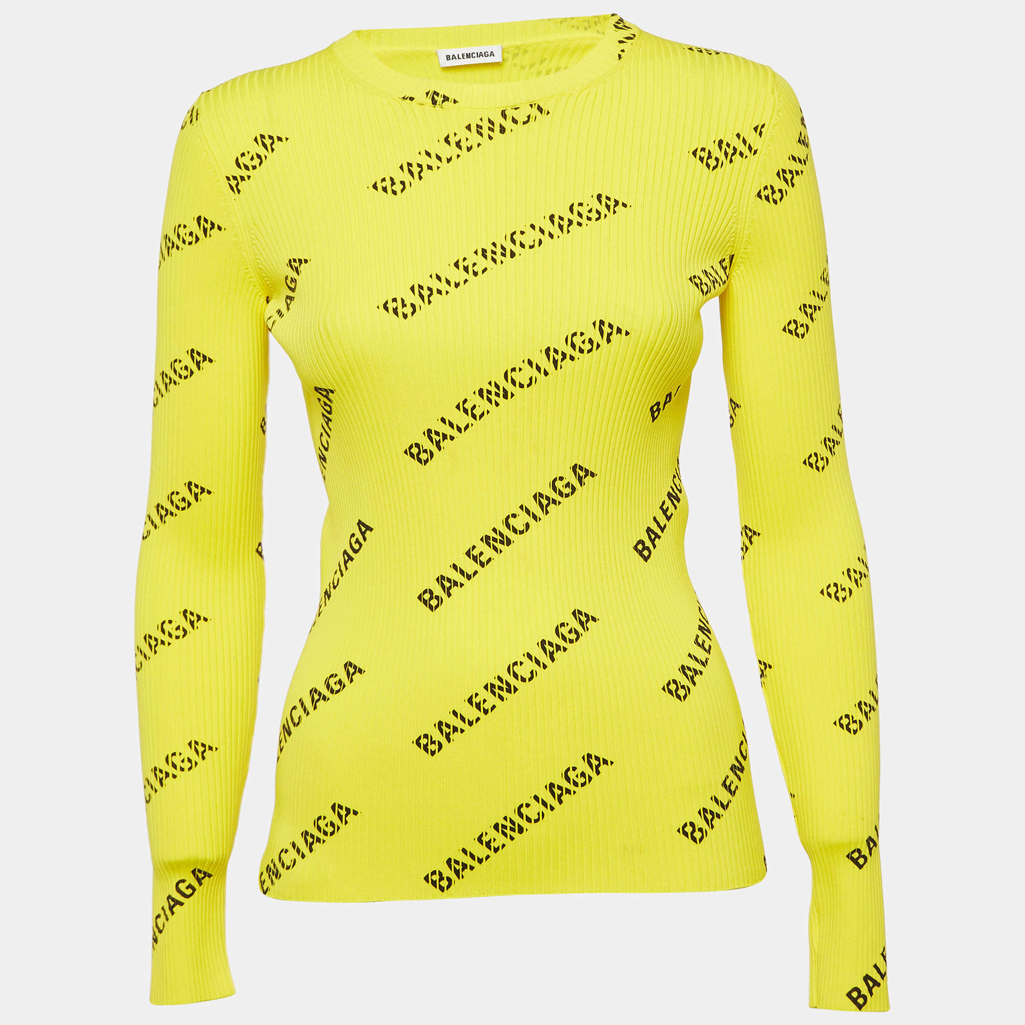 Pre Owned Balenciaga Yellow Logo Print Rib Knit Full Sleeve Top M