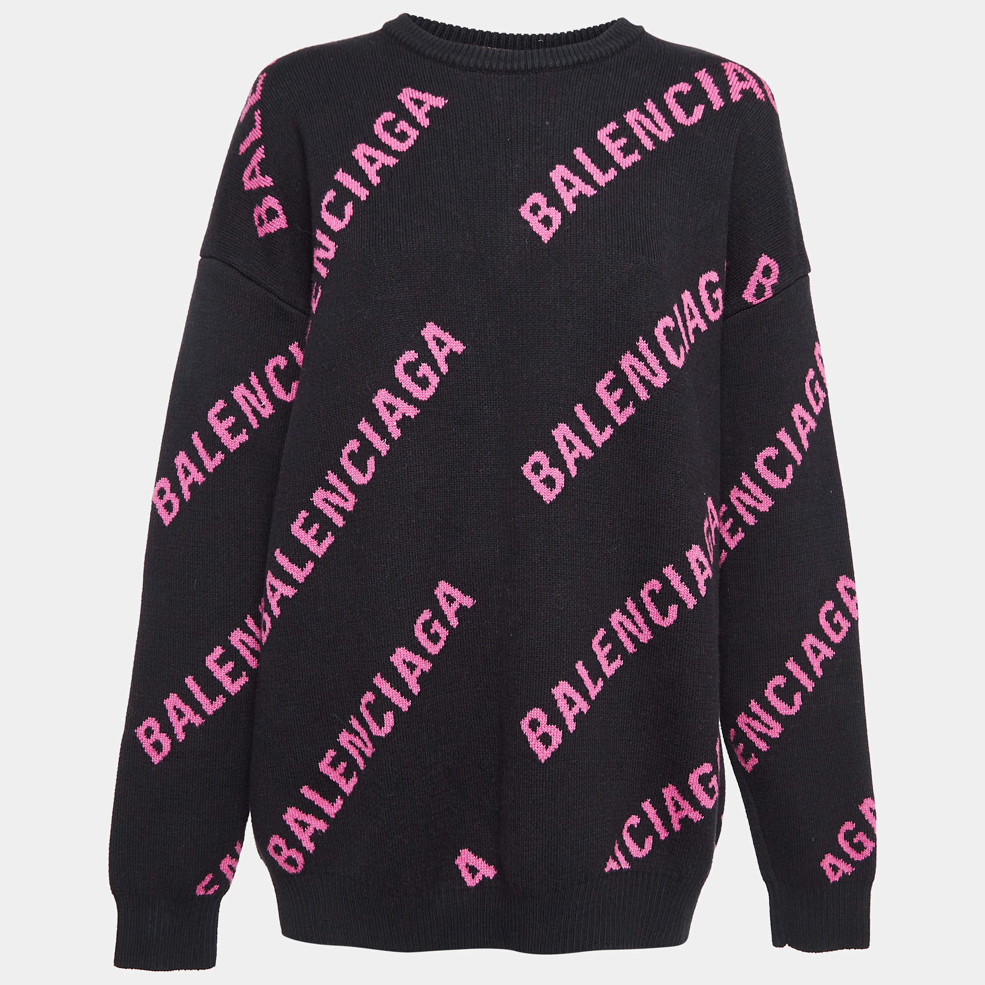 Balenciaga Black Monogram Patterned Cotton Wool Blend Knit Sweatshirt M Balenciaga TLC