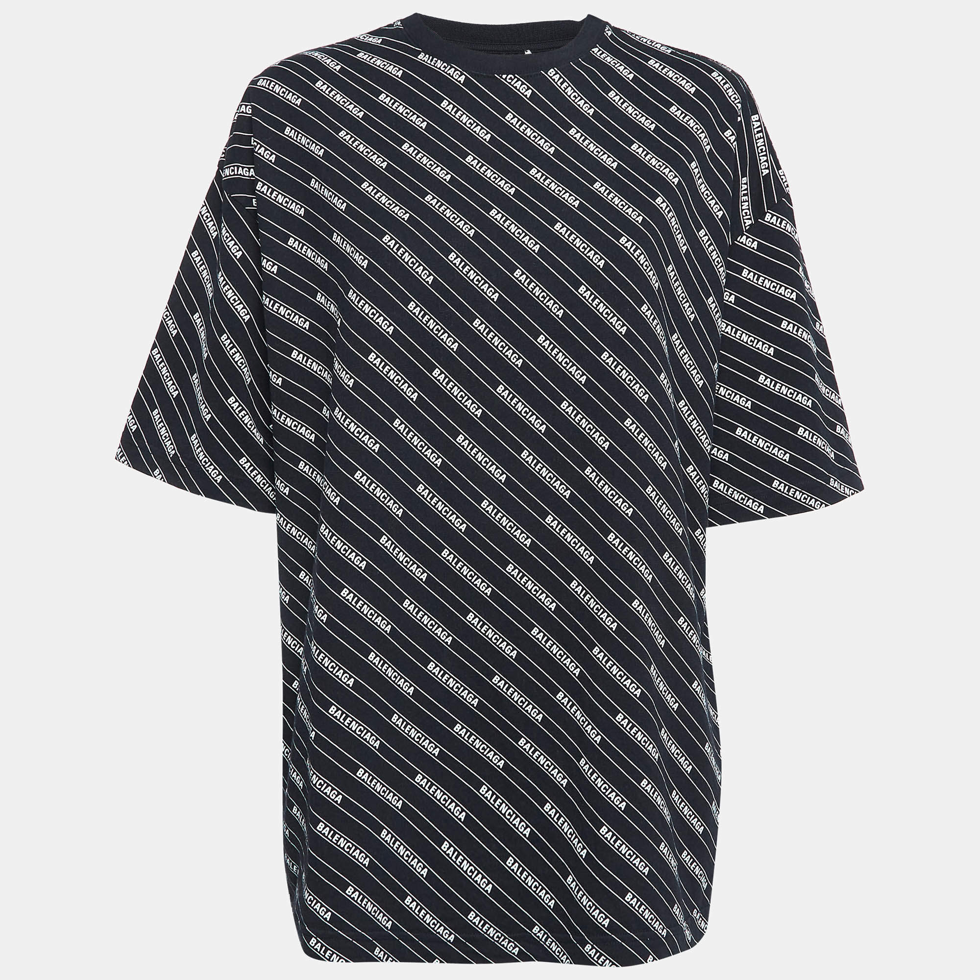 Pre Owned Balenciaga Black Logo Print Cotton Knit Oversized Crew Neck T-Shirt M