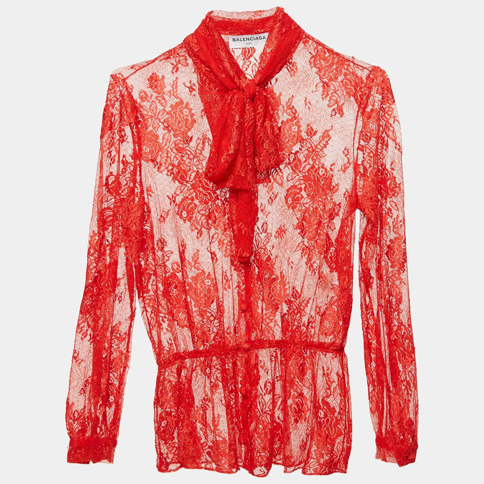 Pre Owned Balenciaga Red Sheer Lace Neck Tie-Up Top M