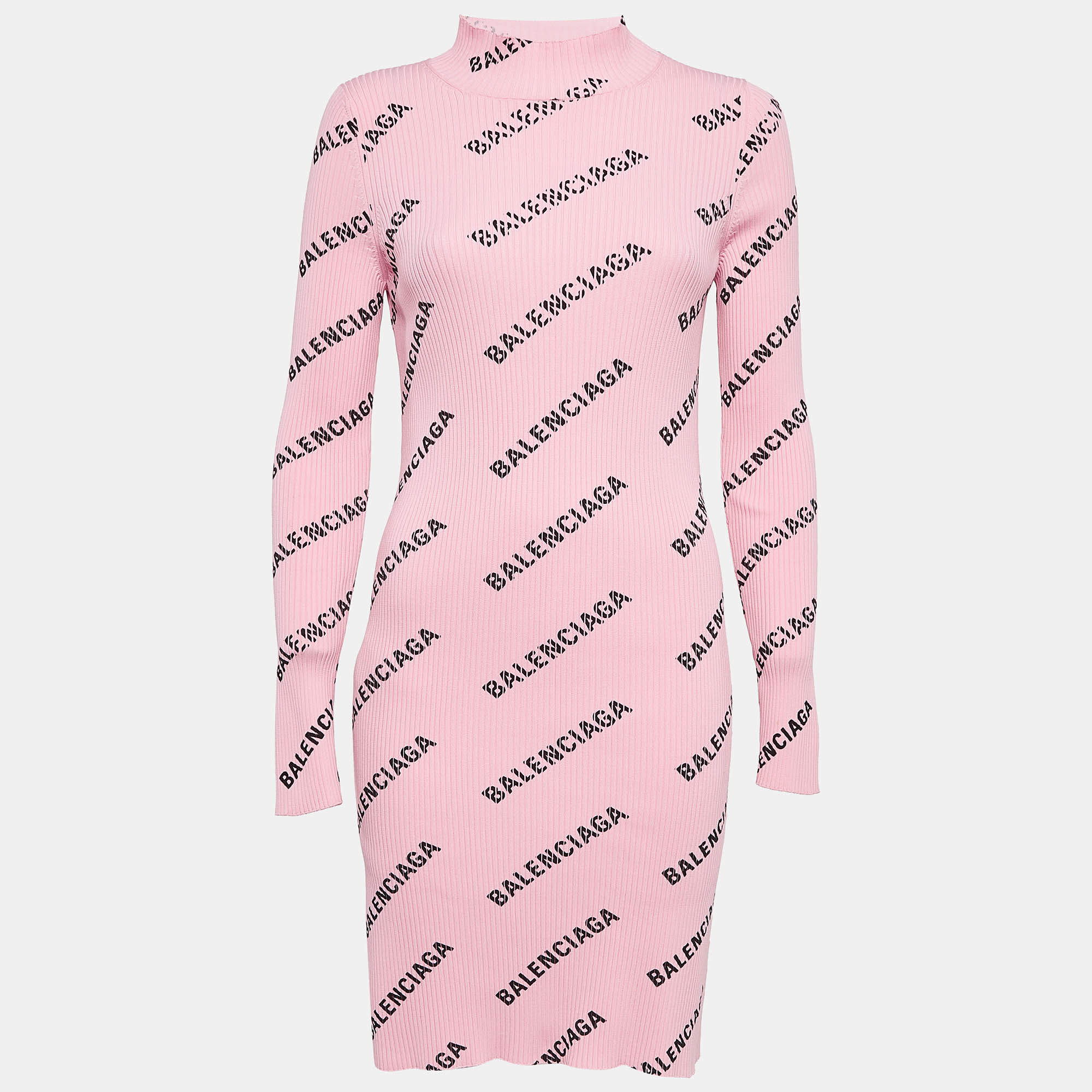 Pre Owned Balenciaga Pink Logo Print Rib Knit Bodycon Dress M