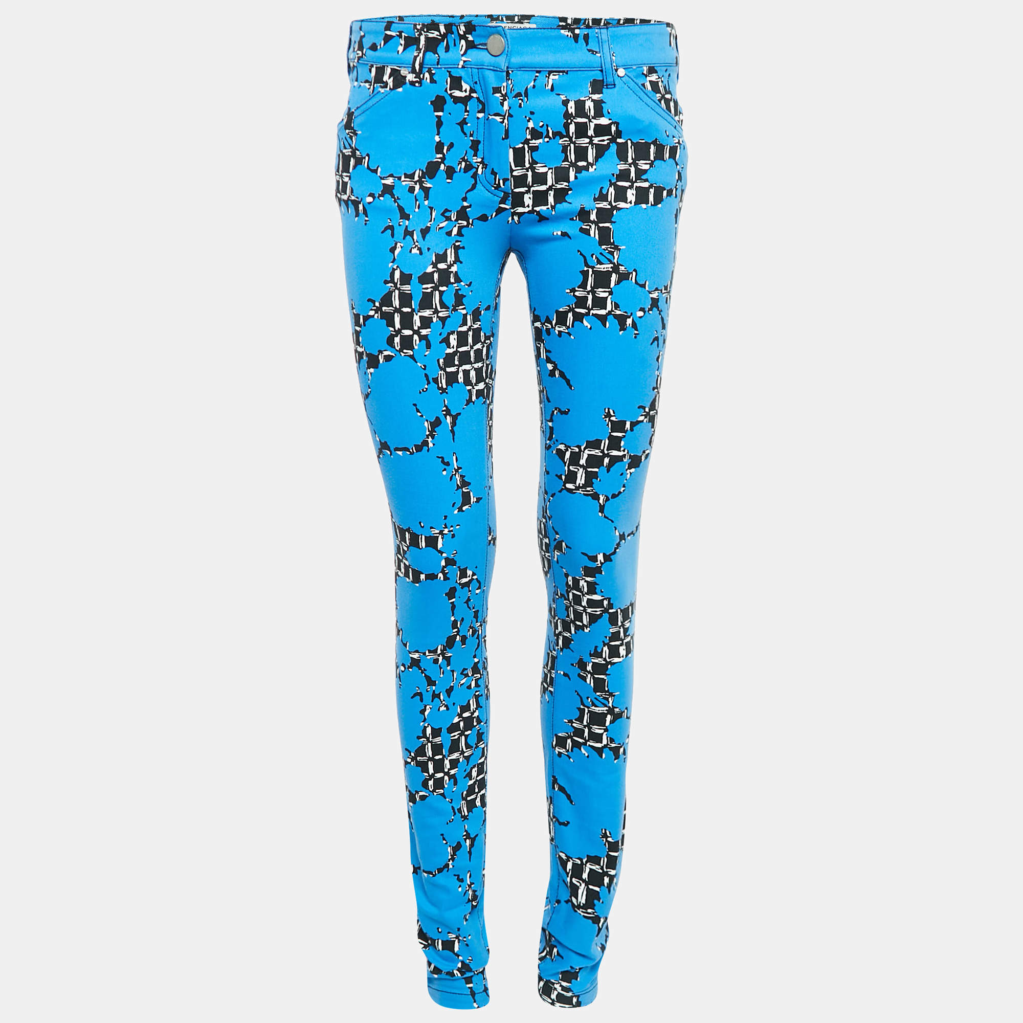 Pre Owned Balenciaga Blue Printed Denim Skinny Jeans S Waist 30"