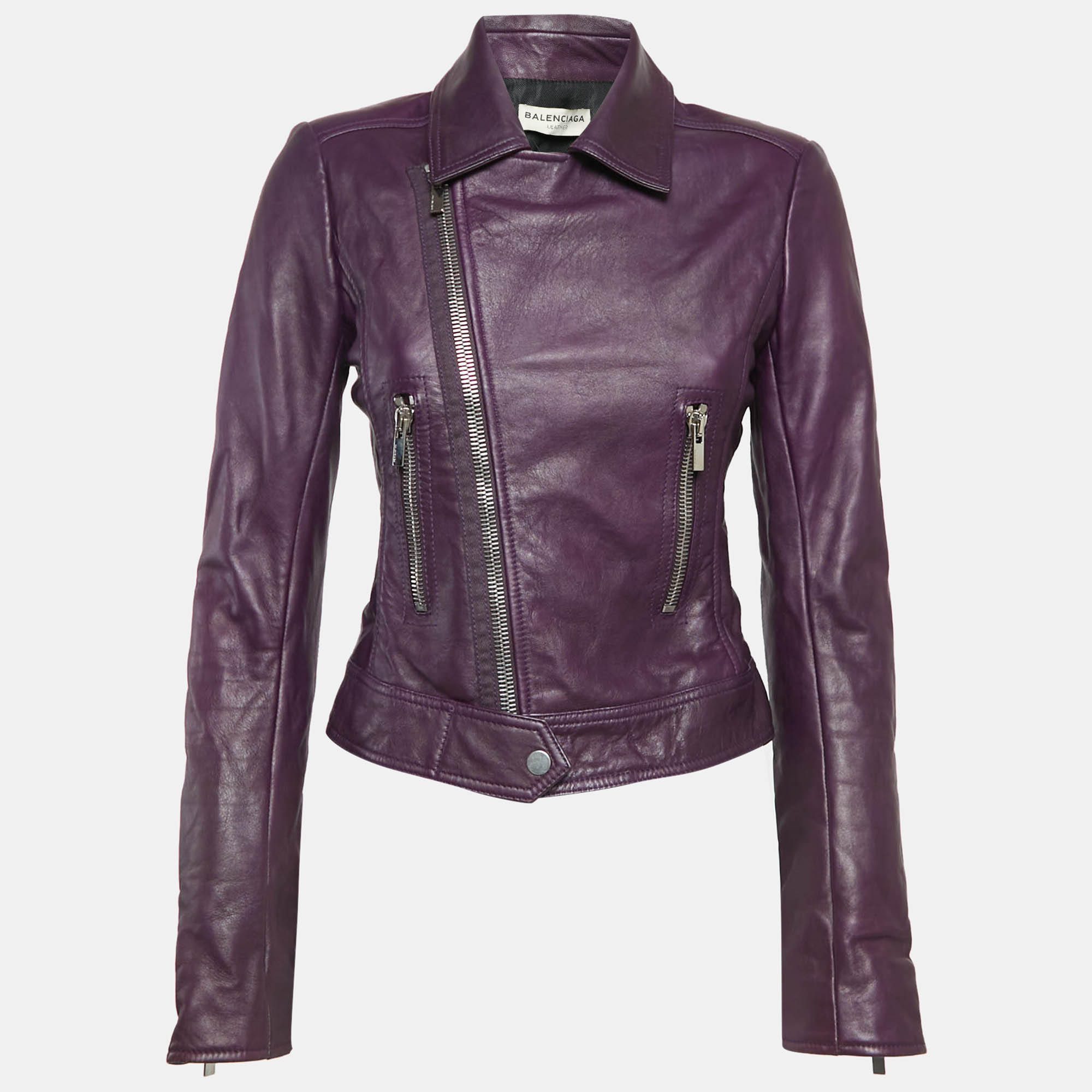 Pre Owned Balenciaga Purple Leather Biker Jacket M