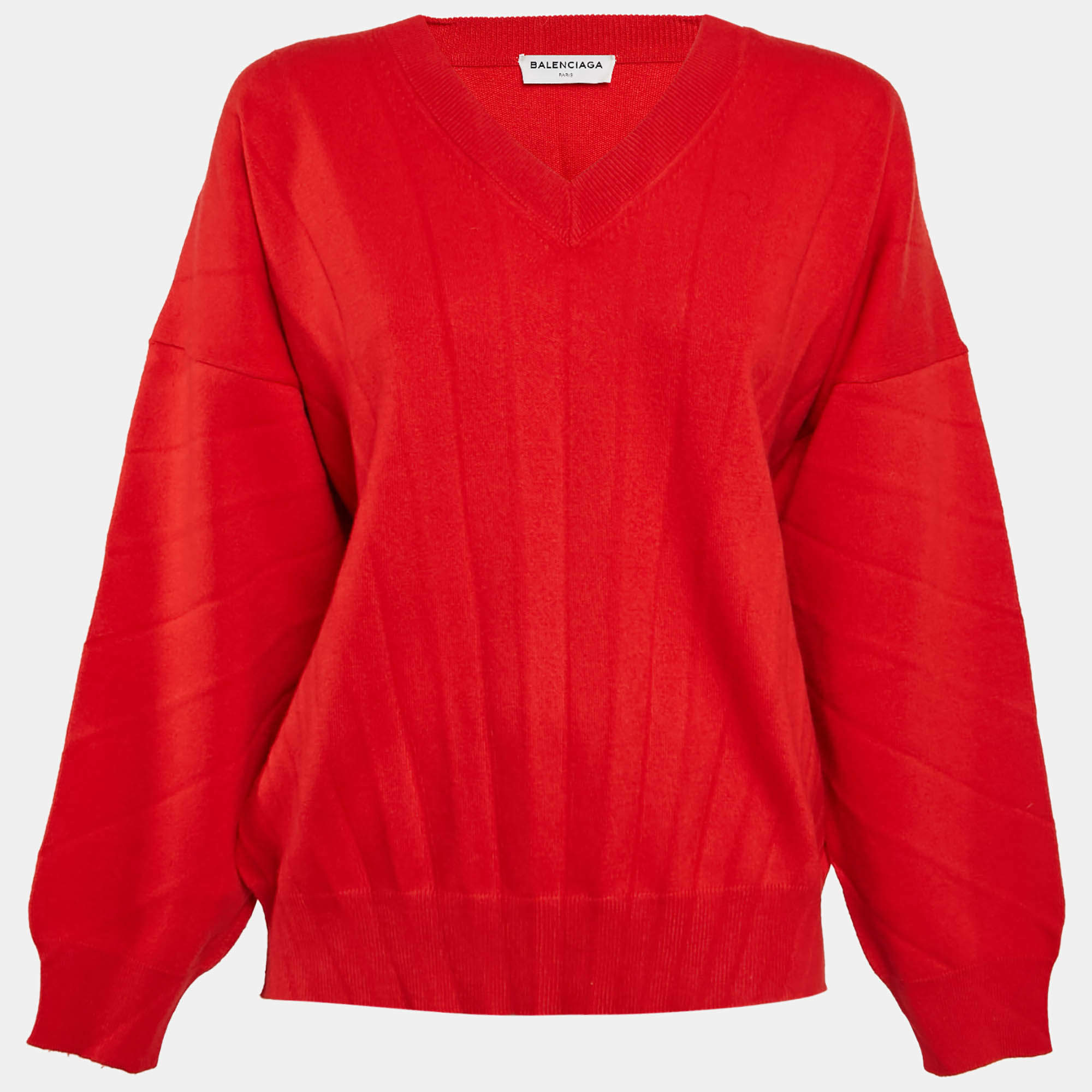Pre Owned Balenciaga Red Pleated Effect Virgin Wool Sweater M