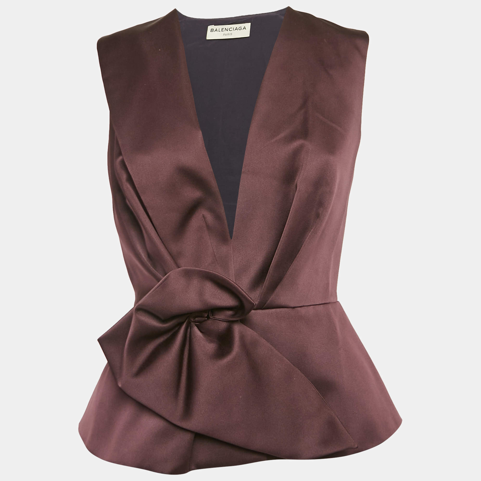 مملوكة مسبقًا Balenciaga Dark Burgundy Satin Draped Sleeveless Blouse S