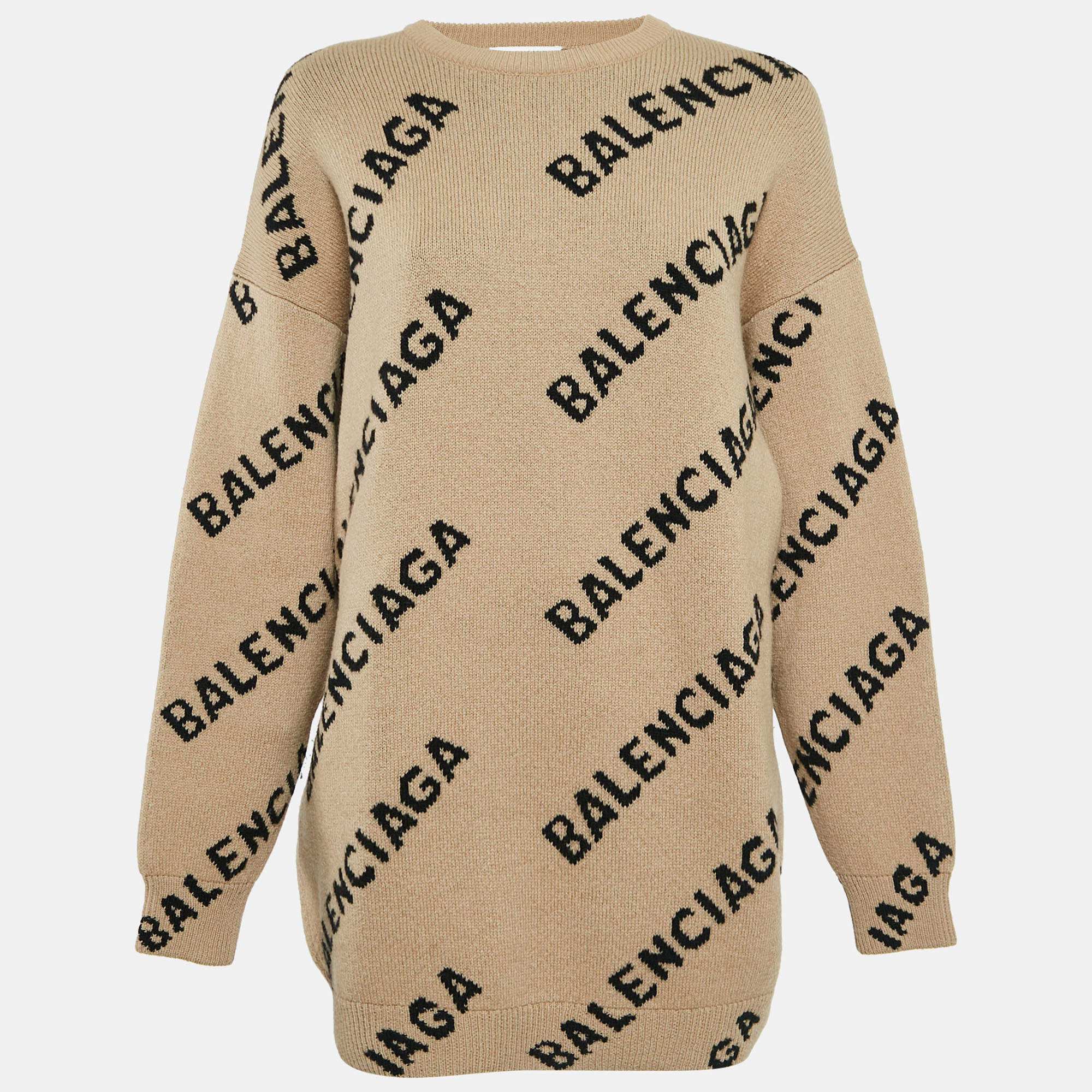 Pre Owned Balenciaga Caramel Brown Allover Logo Wool Oversized Sweater M
