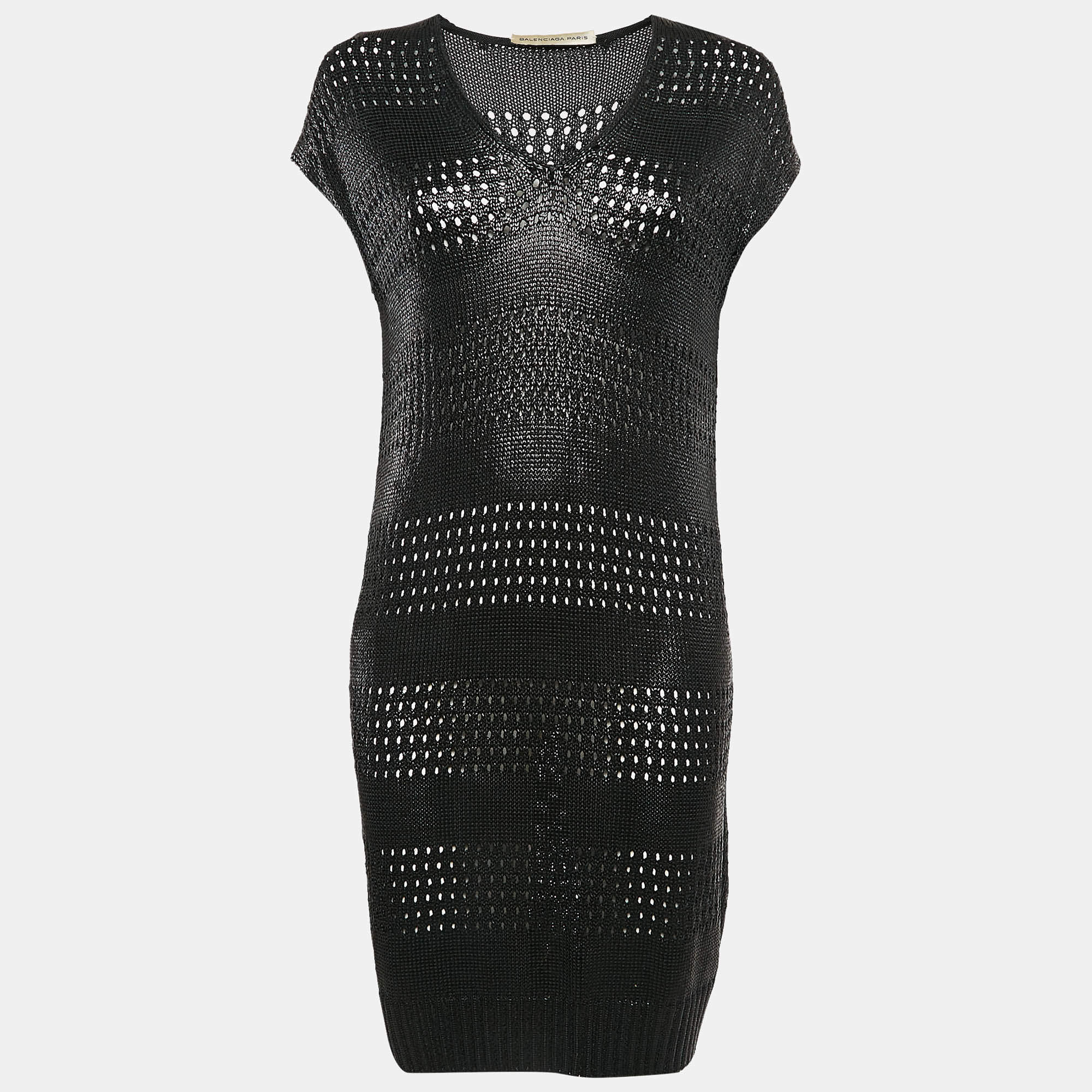 Pre Owned Balenciaga Black Glossy Knit Sleeveless Mini Dress M