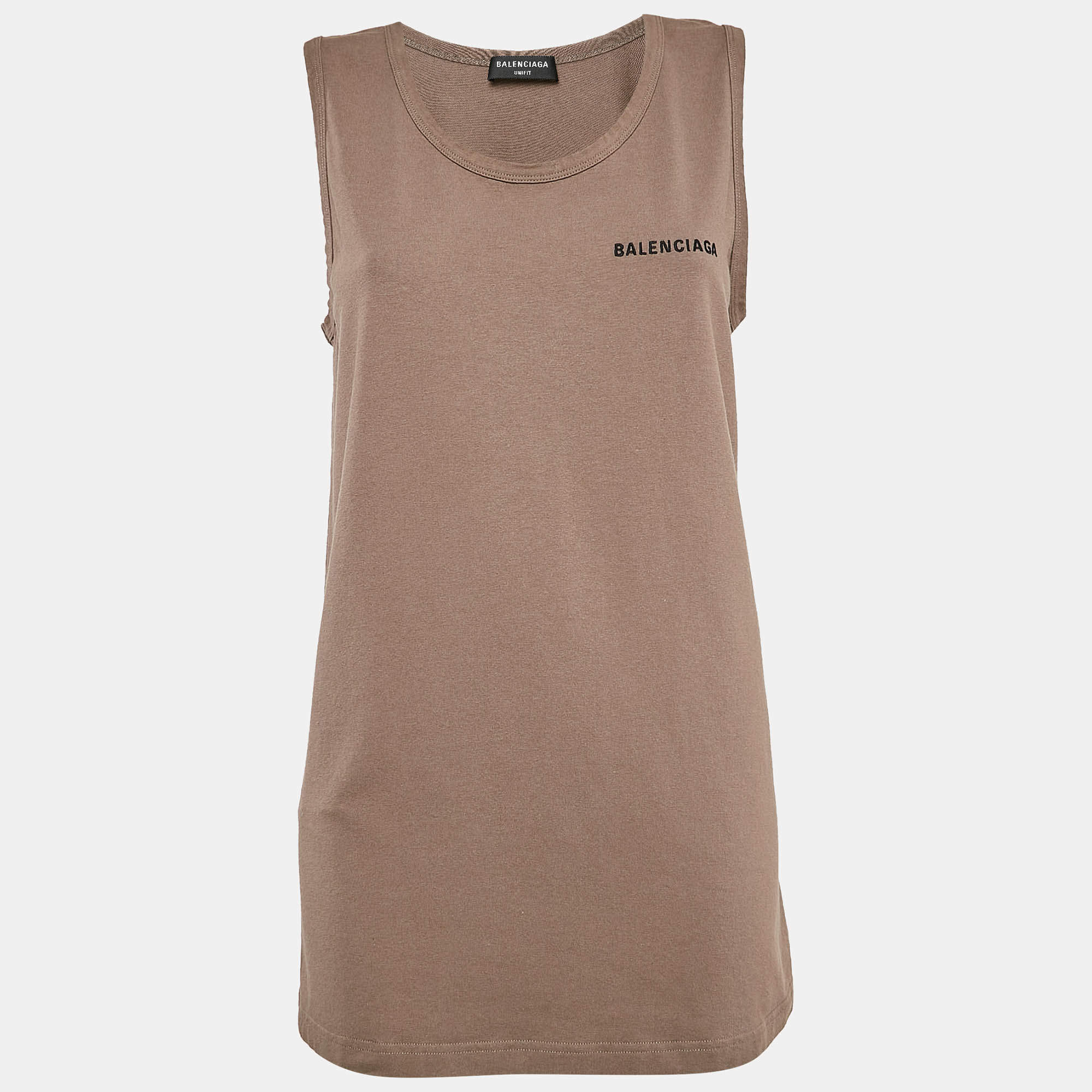 Pre Owned Balenciaga Brown Logo Embroidered Jersey Sleeveless T-Shirt XXS