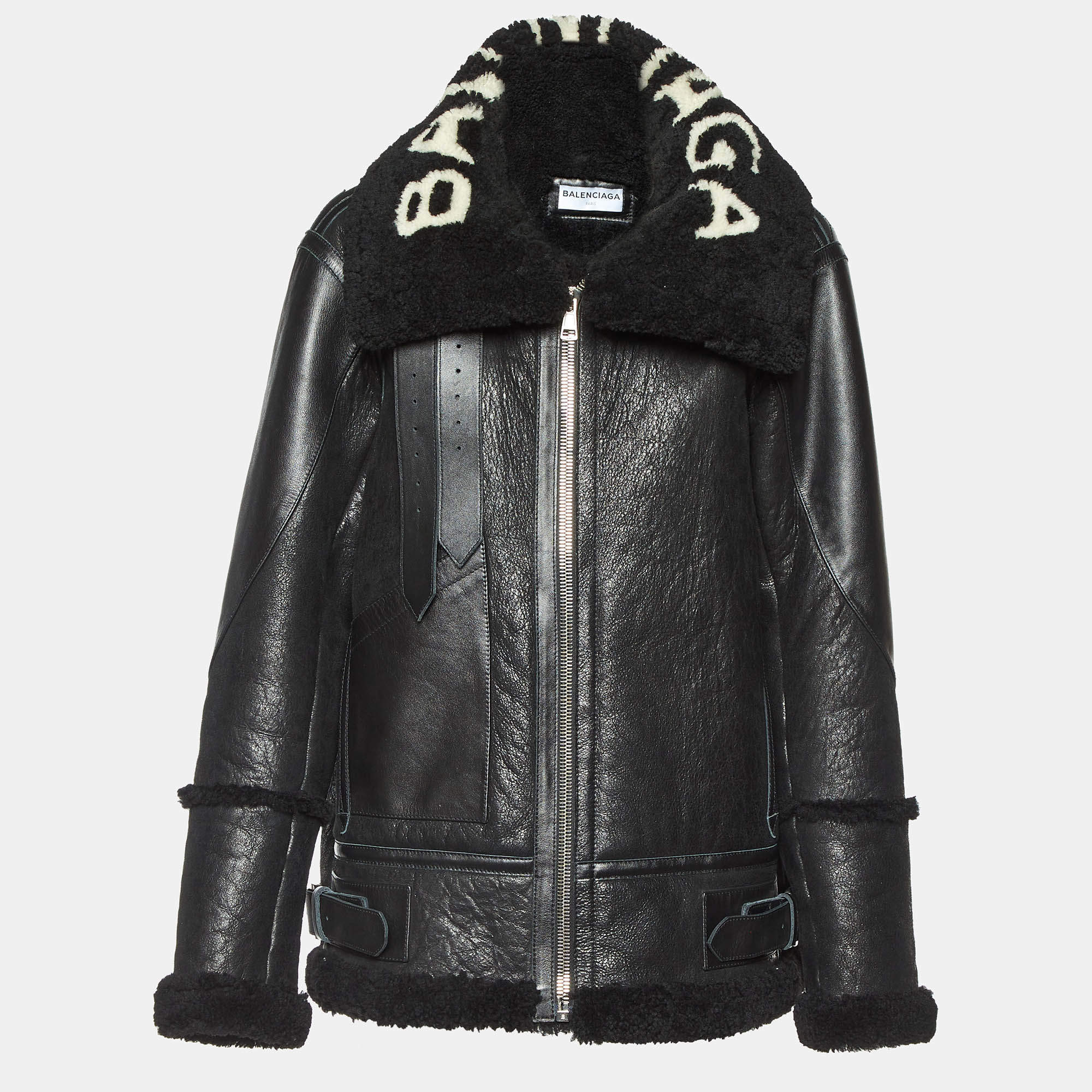 Pre Owned Balenciaga Black Leather and Shearling Oversized Jacket L