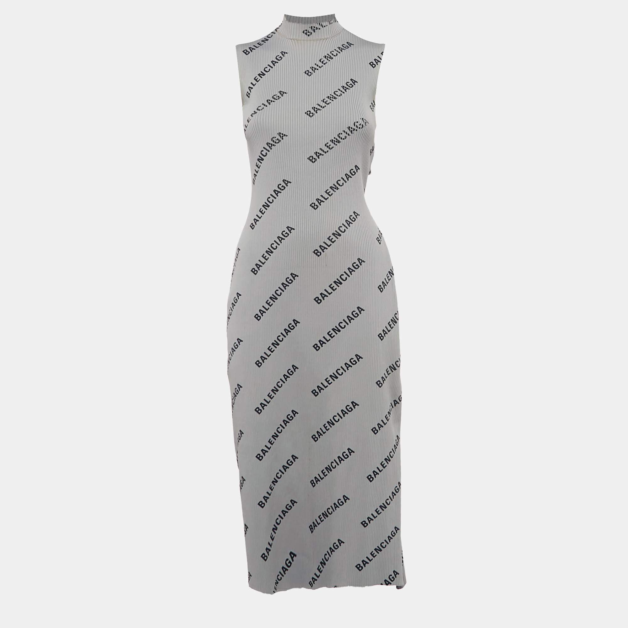 Pre Owned Balenciaga Allover Logo Rib Knit Wrap Midi Dress S
