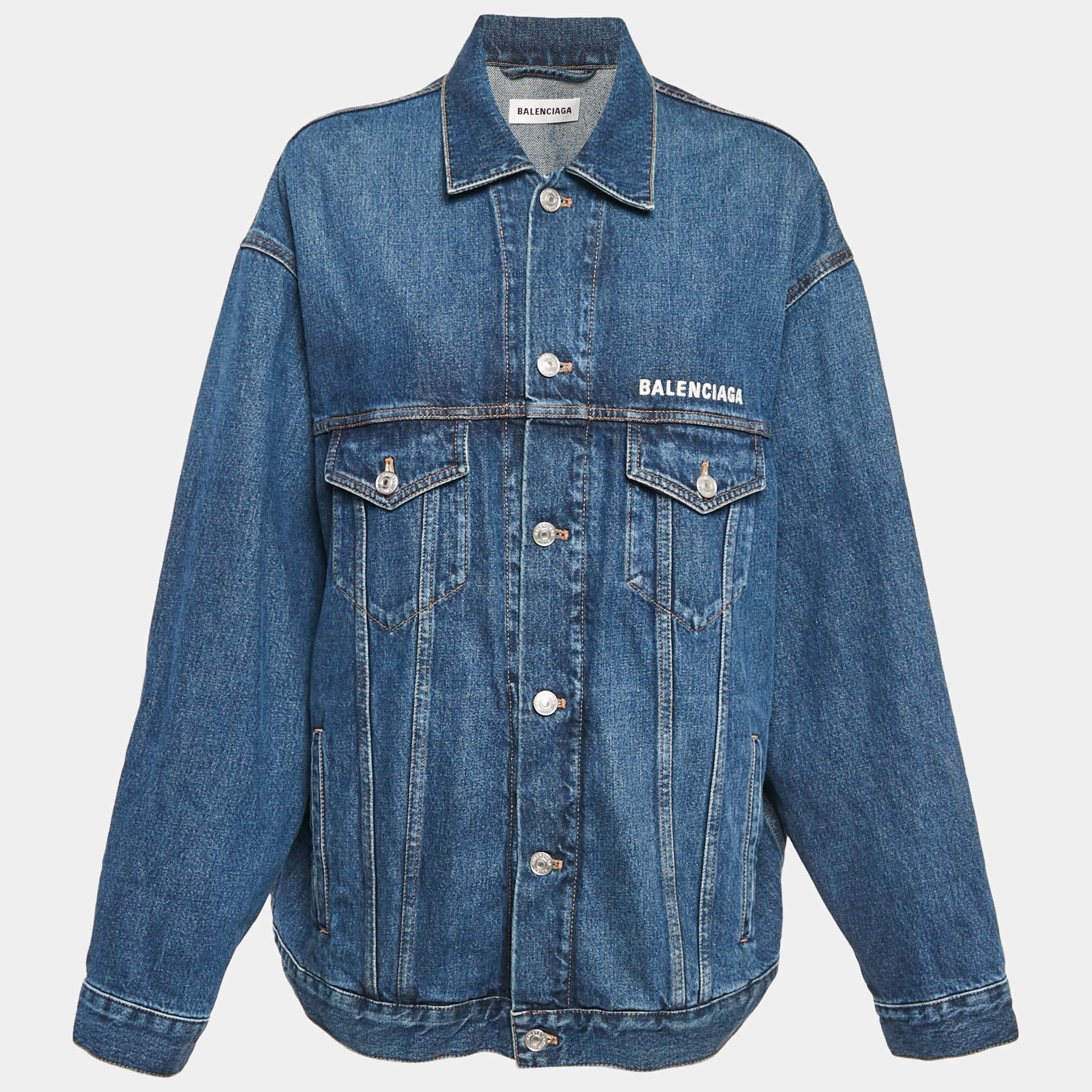 Balenciaga Blue Logo Embroidery Denim Oversized Jacket S