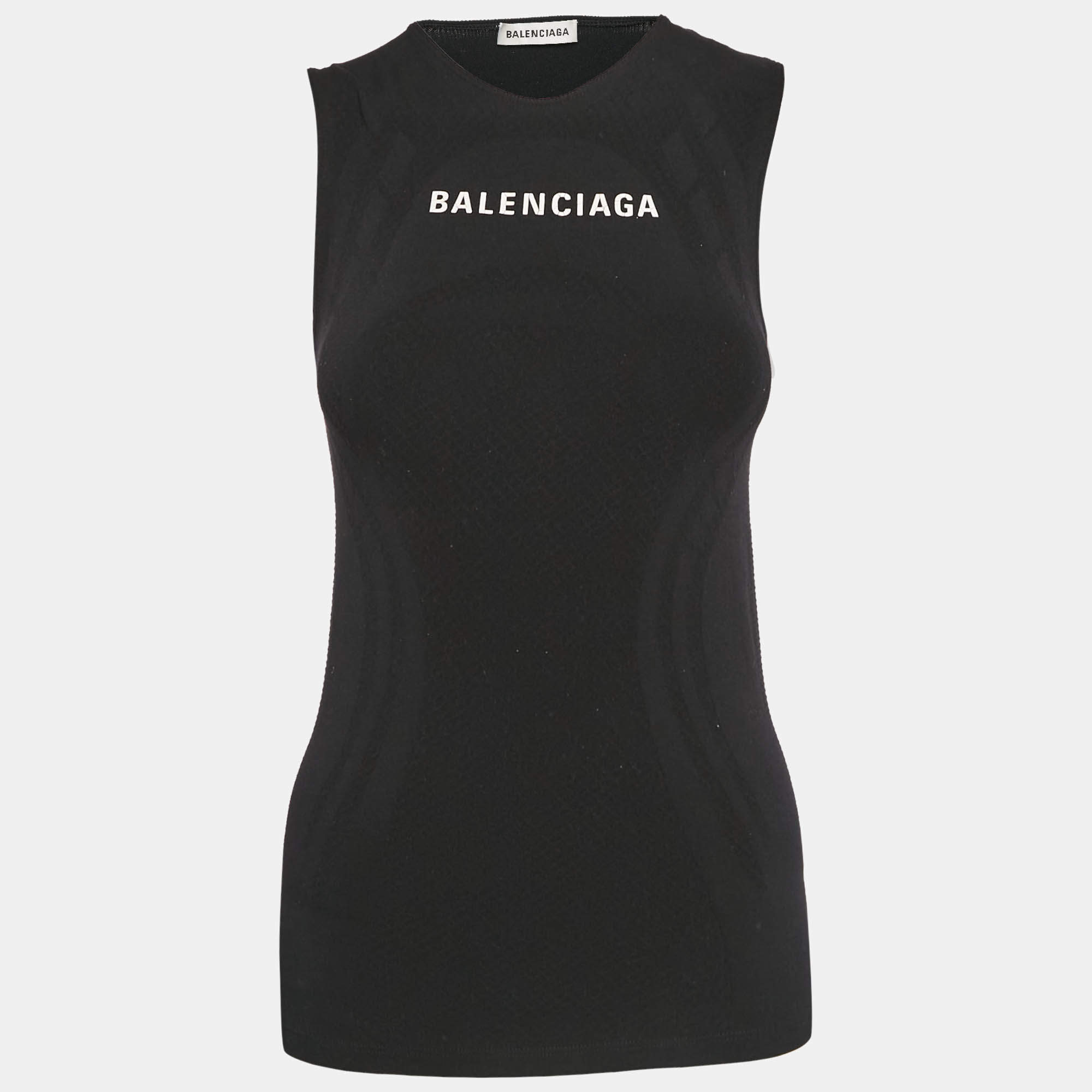 Pre Owned Balenciaga Black Logo Print Jersey Tank Top M