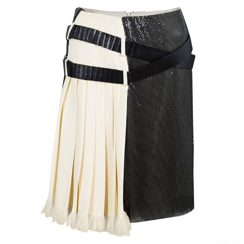 Balenciaga Cream Silk Contrast Embellished Belt Detail Pleated Skirt M