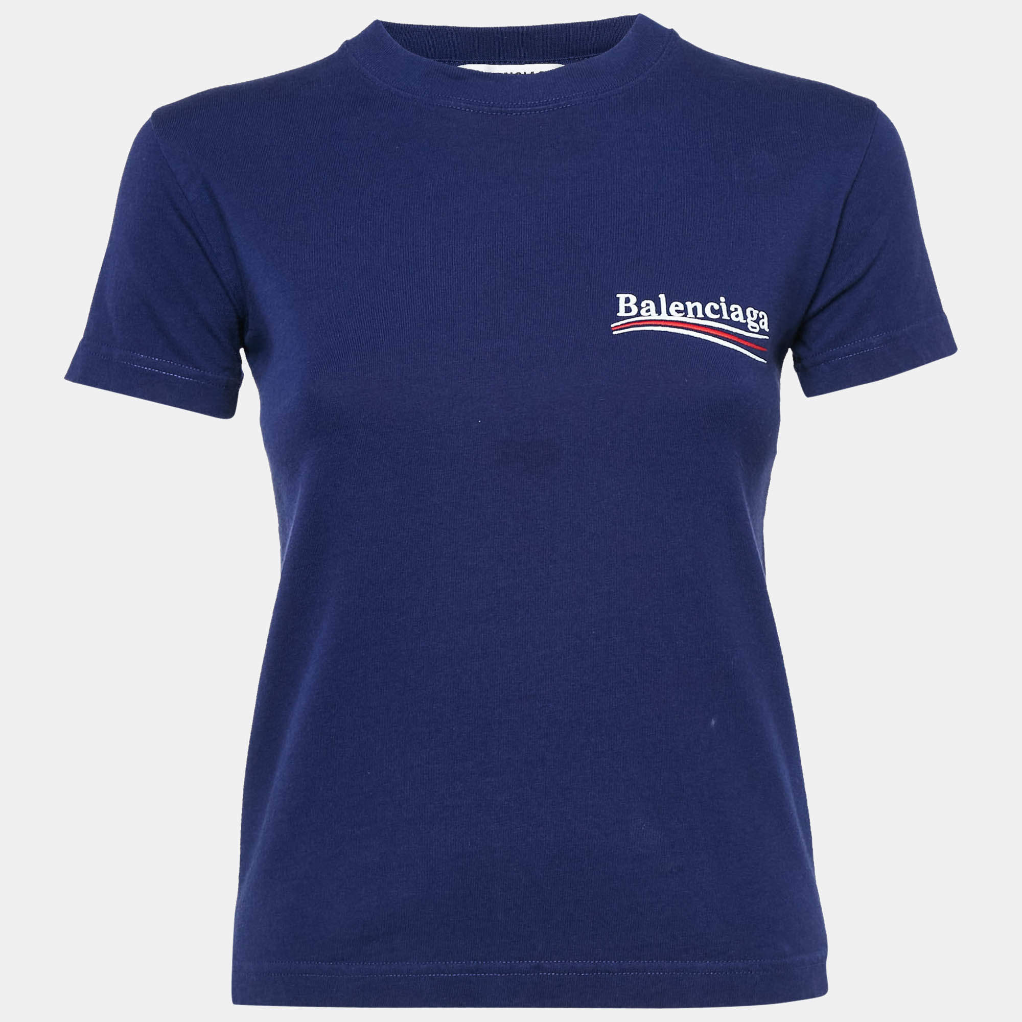 Pre Owned Balenciaga Blue Logo Embroidered Cotton Political Campaign T-Shirt XS