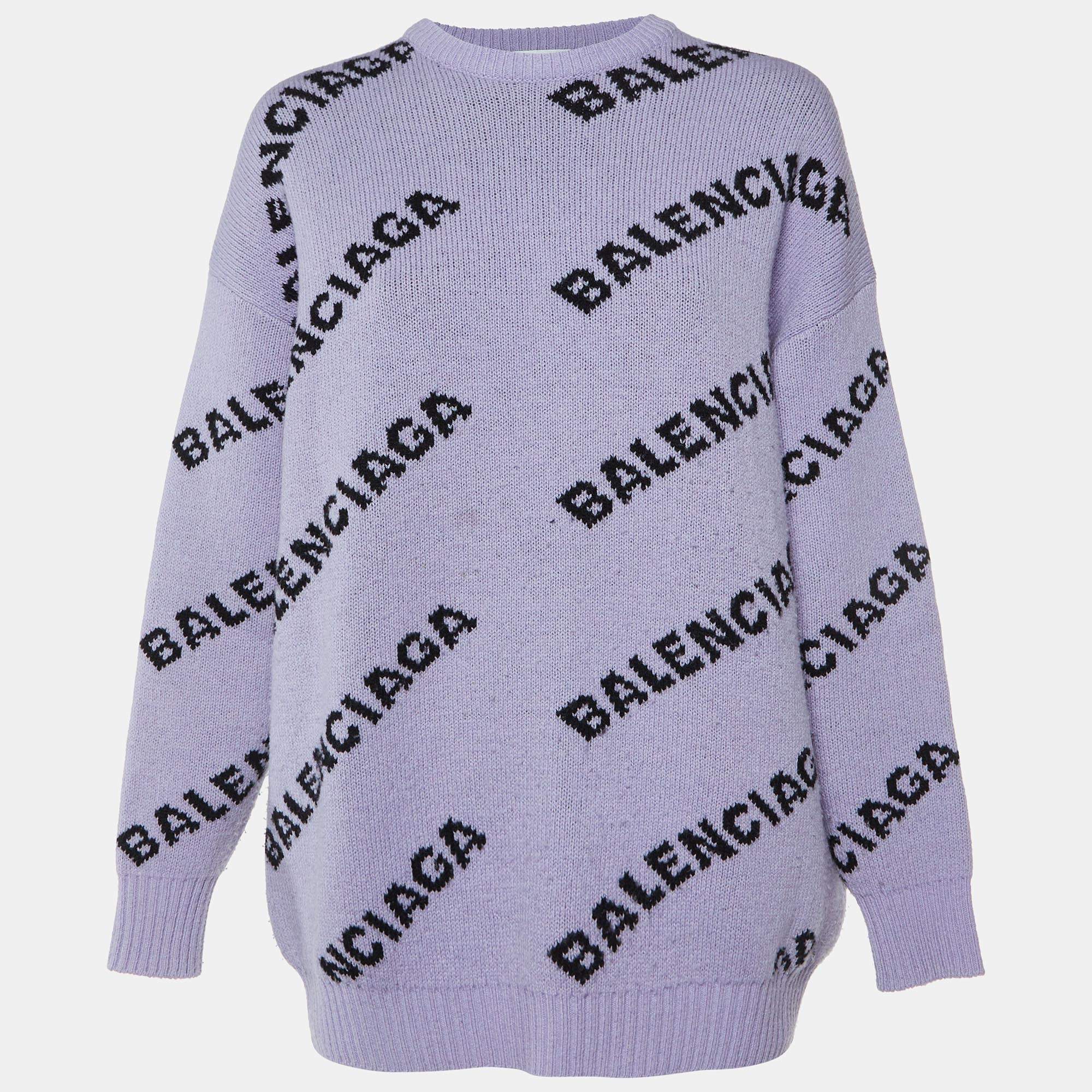 Pre Owned Balenciaga Purple Logo Wool Knit Oversized Sweater S