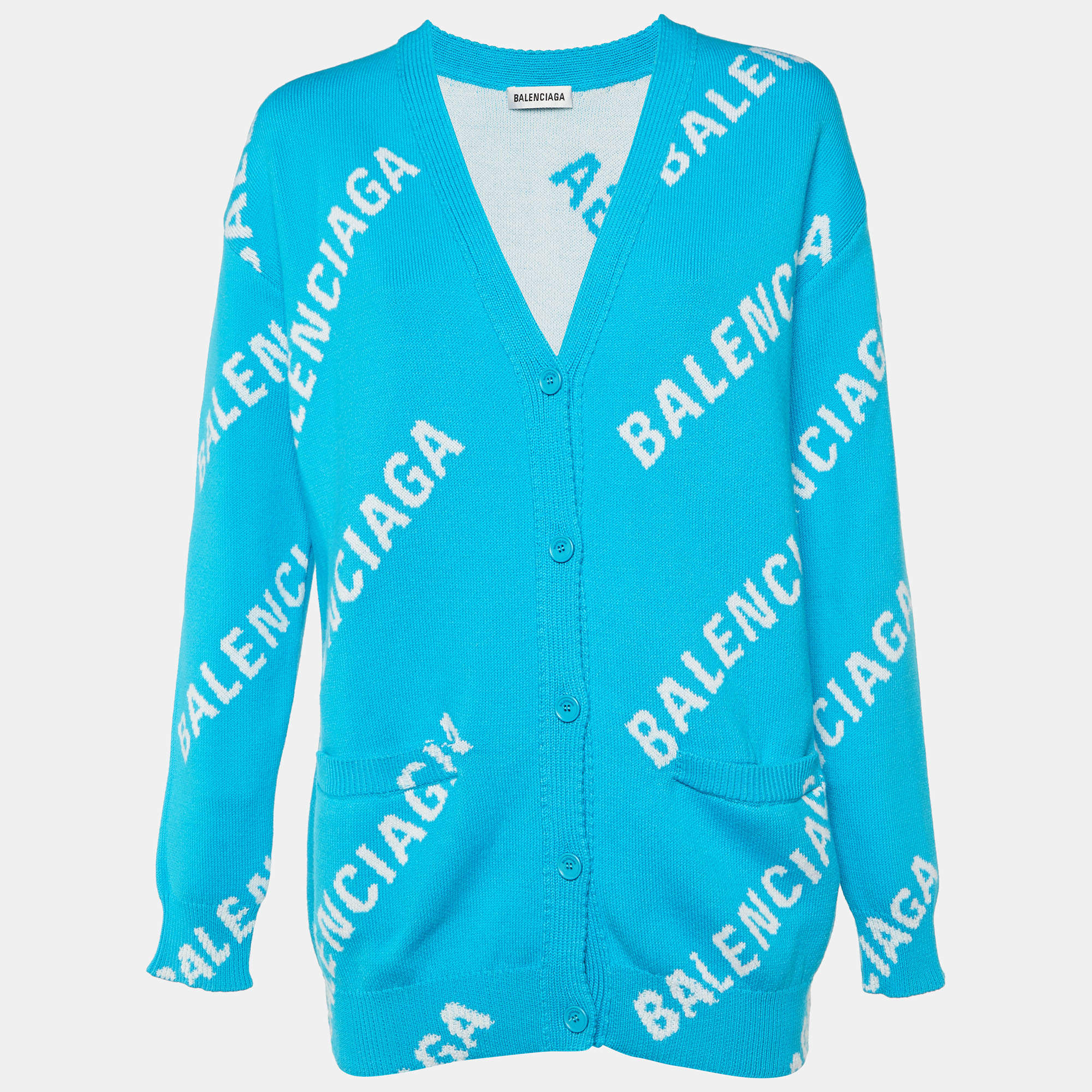 Pre Owned Balenciaga Blue All Over Logo Intarsia Knit Cardigan S