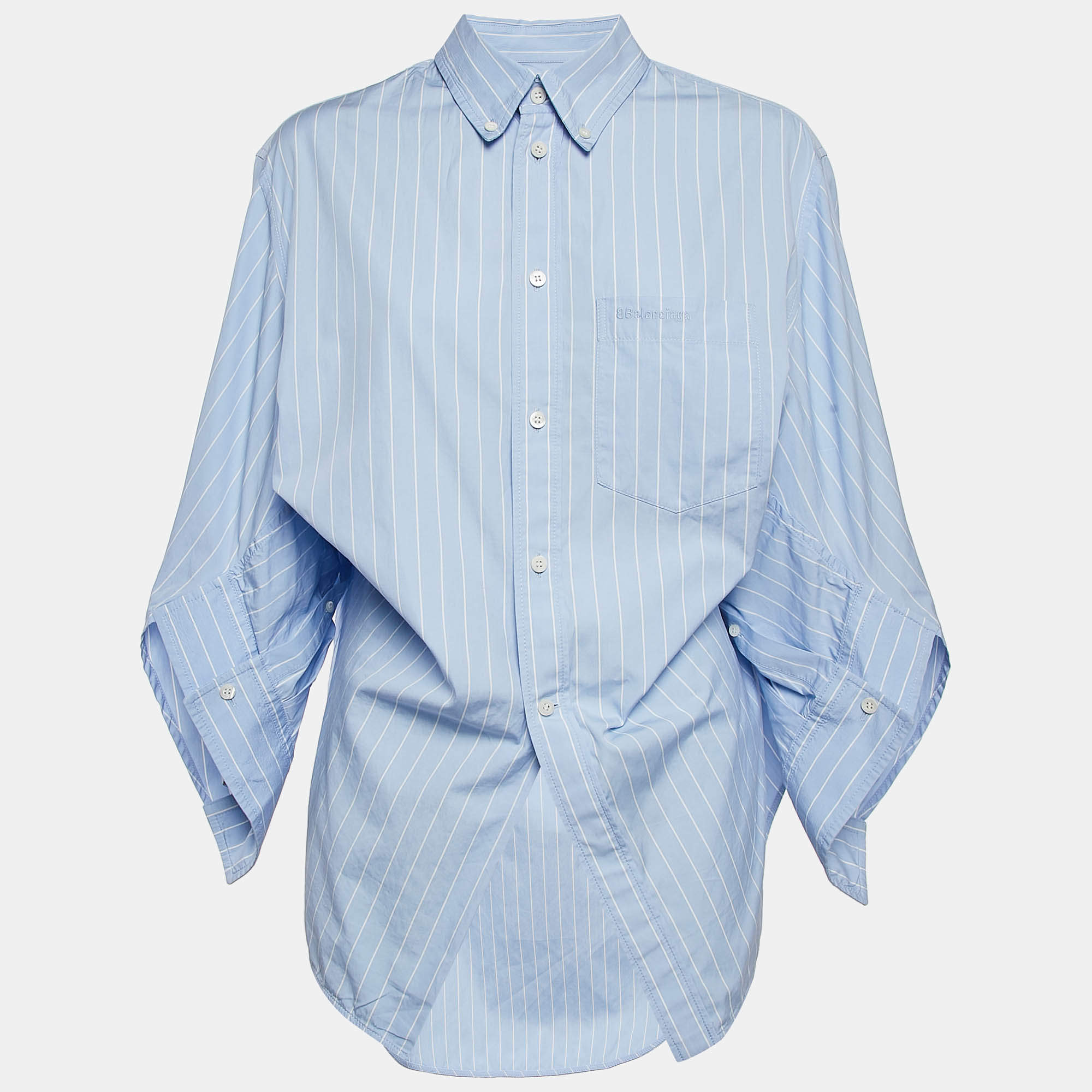 Pre Owned Balenciaga Blue Stripe Cotton Blend Asymmetric Oversized Shirt S