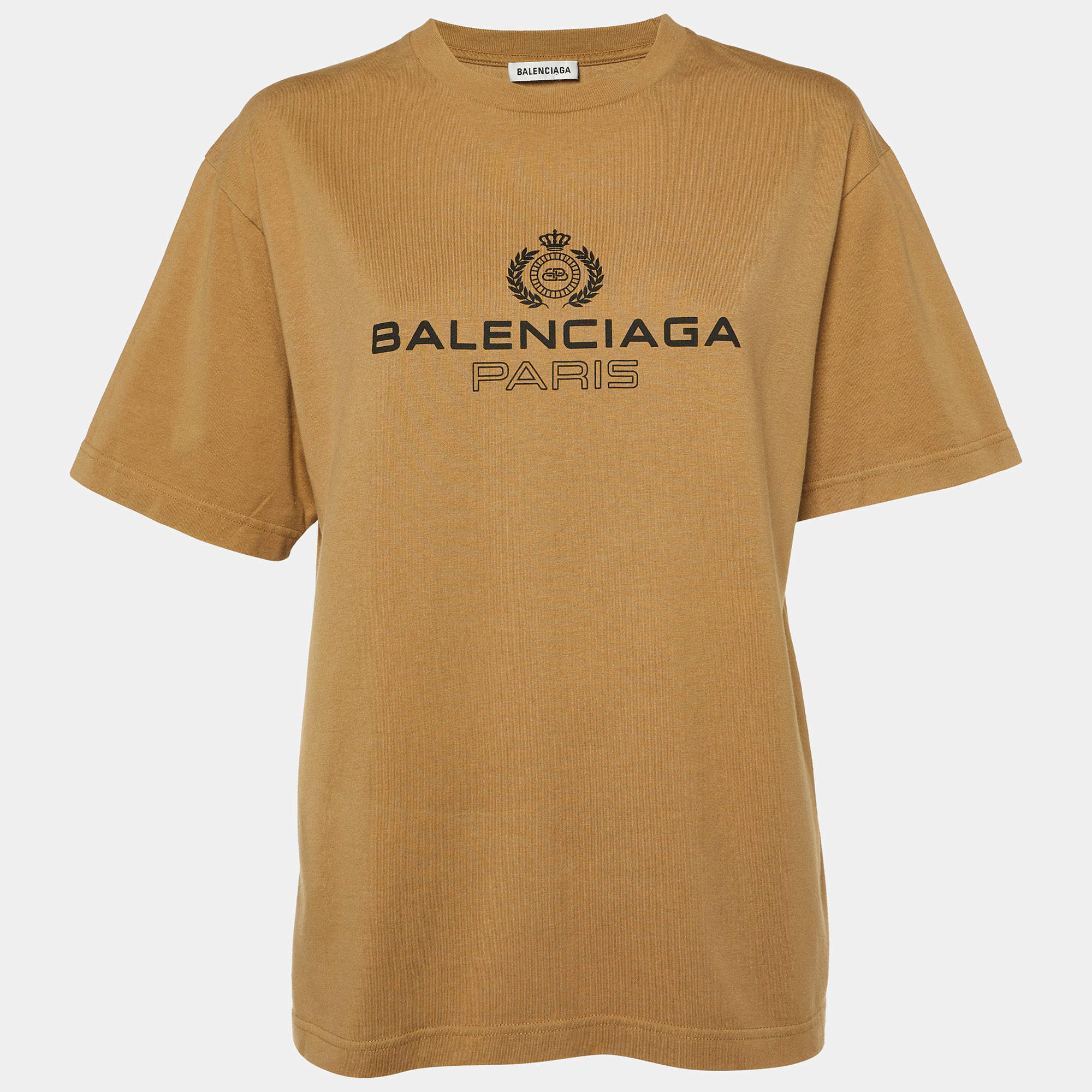 Pre Owned Balenciaga Beige Logo Print Cotton Crew Neck T-Shirt S
