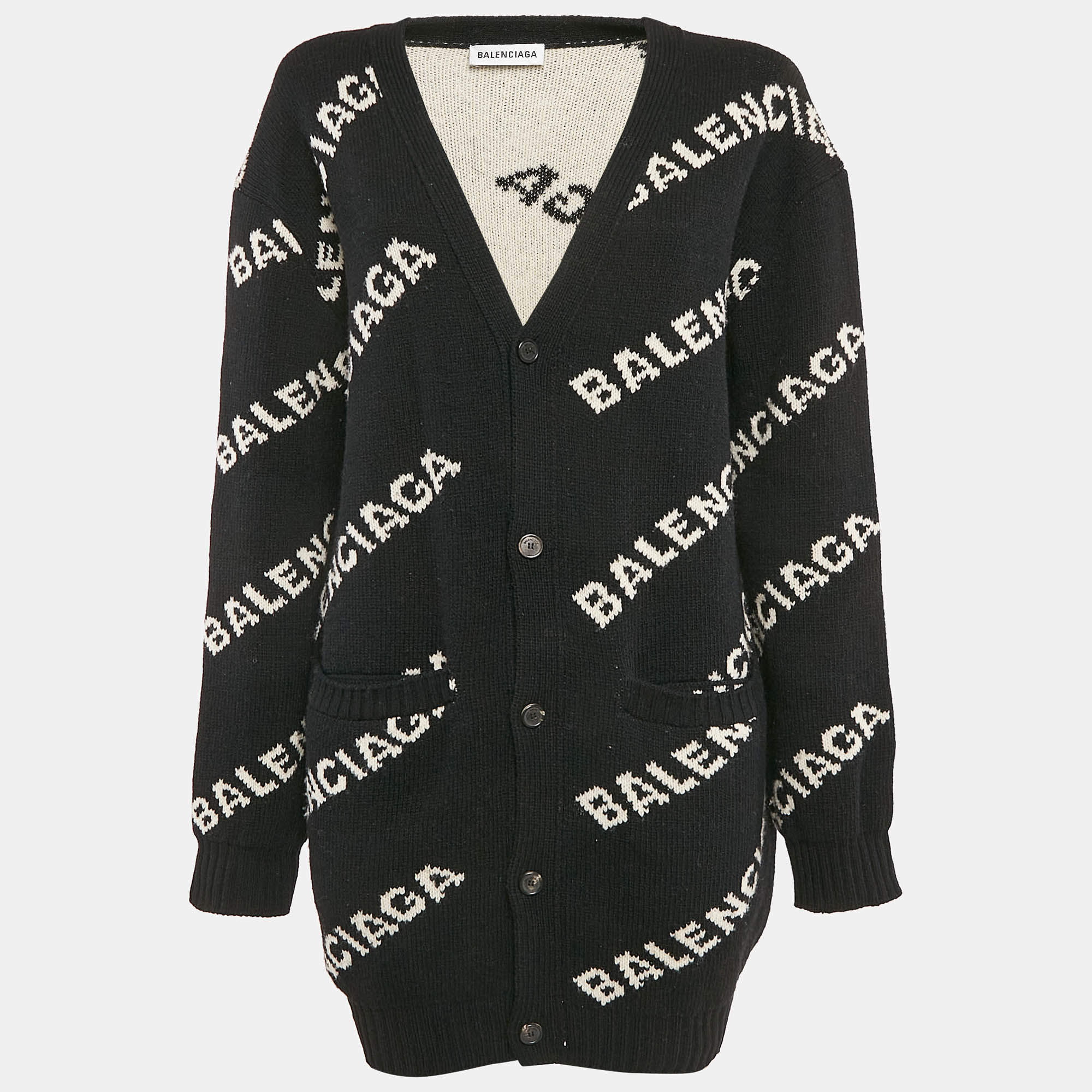 Pre Owned Balenciaga Black Logo Jacquard Knit Long Archetype Cardigan M
