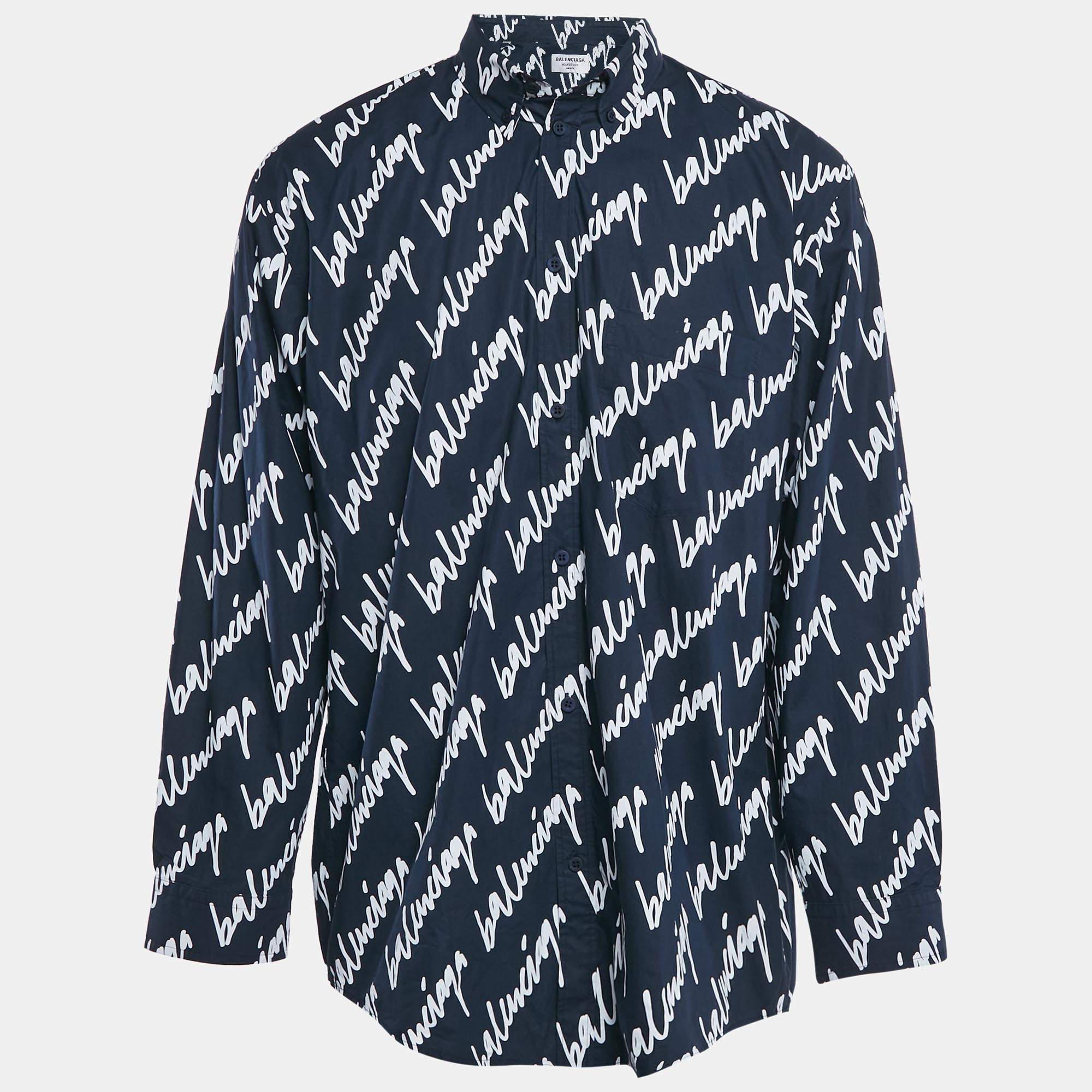 Pre Owned Balenciaga Midnight Blue Logo Print Cotton Unisex Oversized Shirt M
