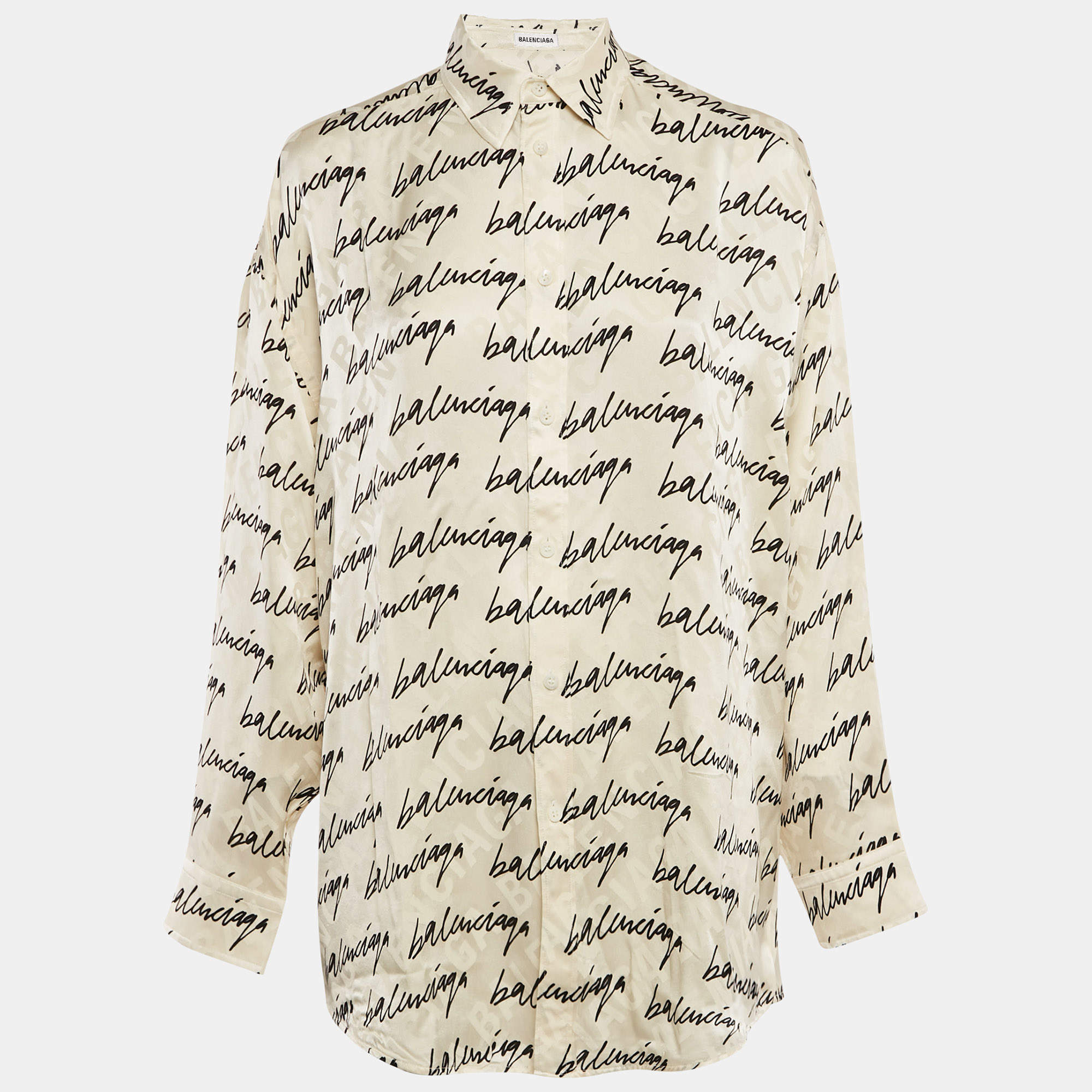Pre Owned Balenciaga White Logo Print Jacquard Silk Button Front Blouse S