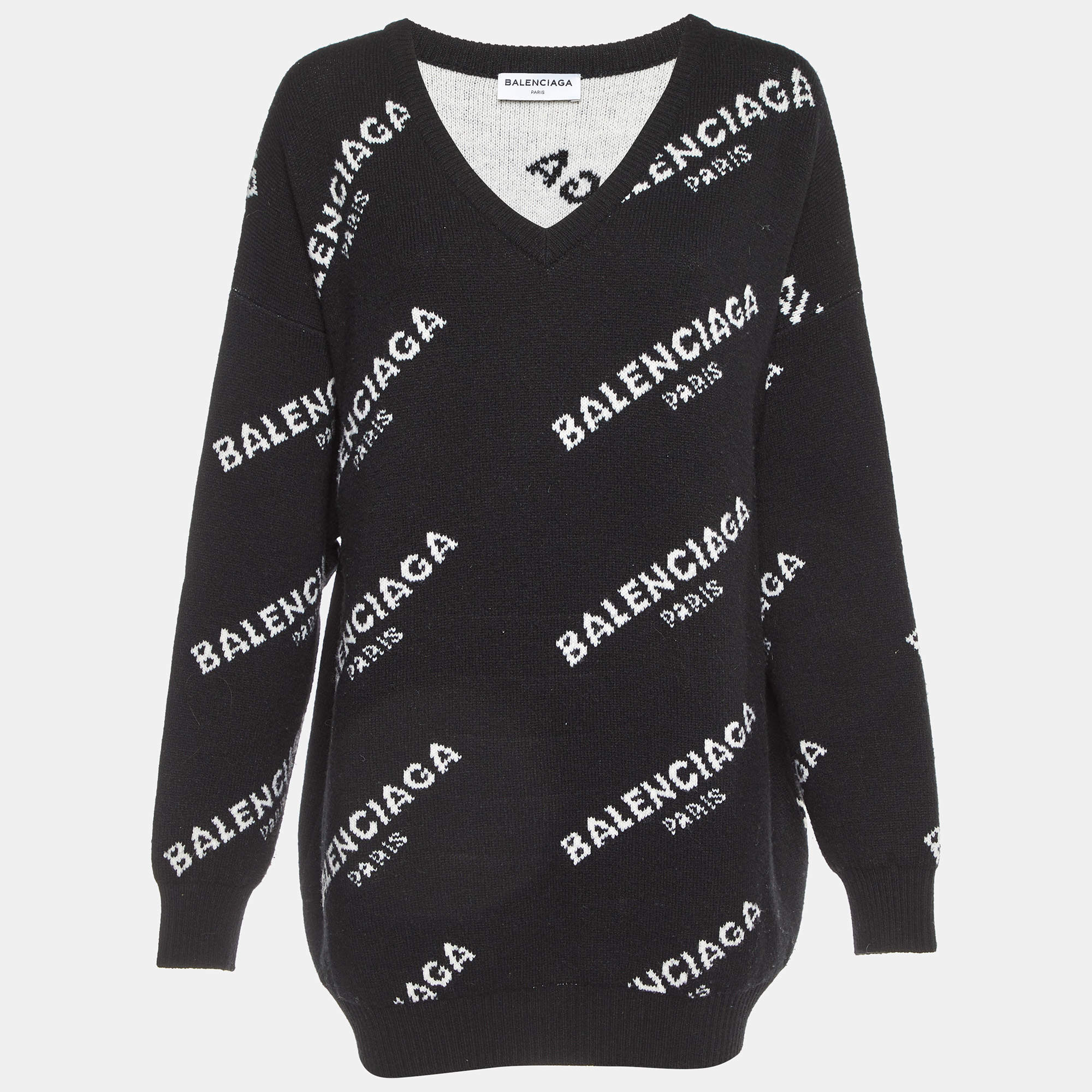 مملوكة مسبقًا Balenciaga Black All Over Logo Wool Knit Sweater L