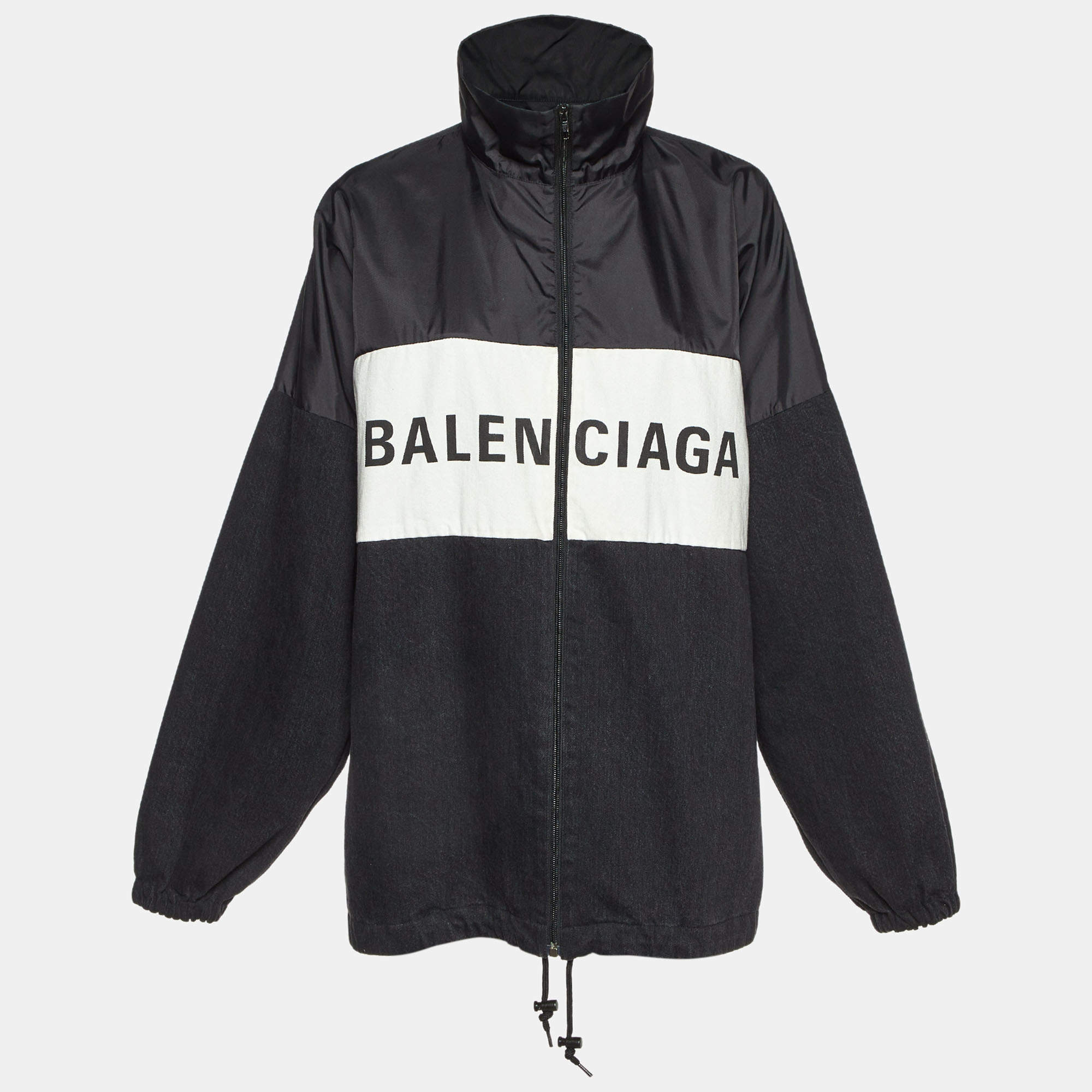 Pre Owned Balenciaga Black Logo Print Nylon & Denim Windbreaker Jacket S