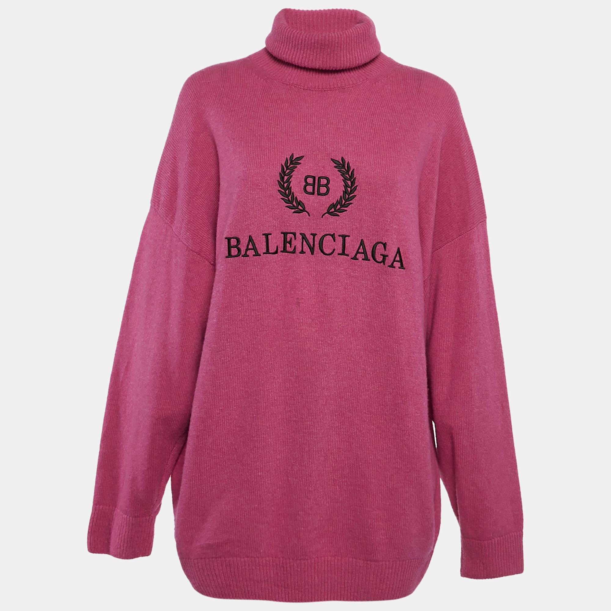 Balenciaga Pink Logo Embroidered Wool Knit Turtle Neck Sweater M