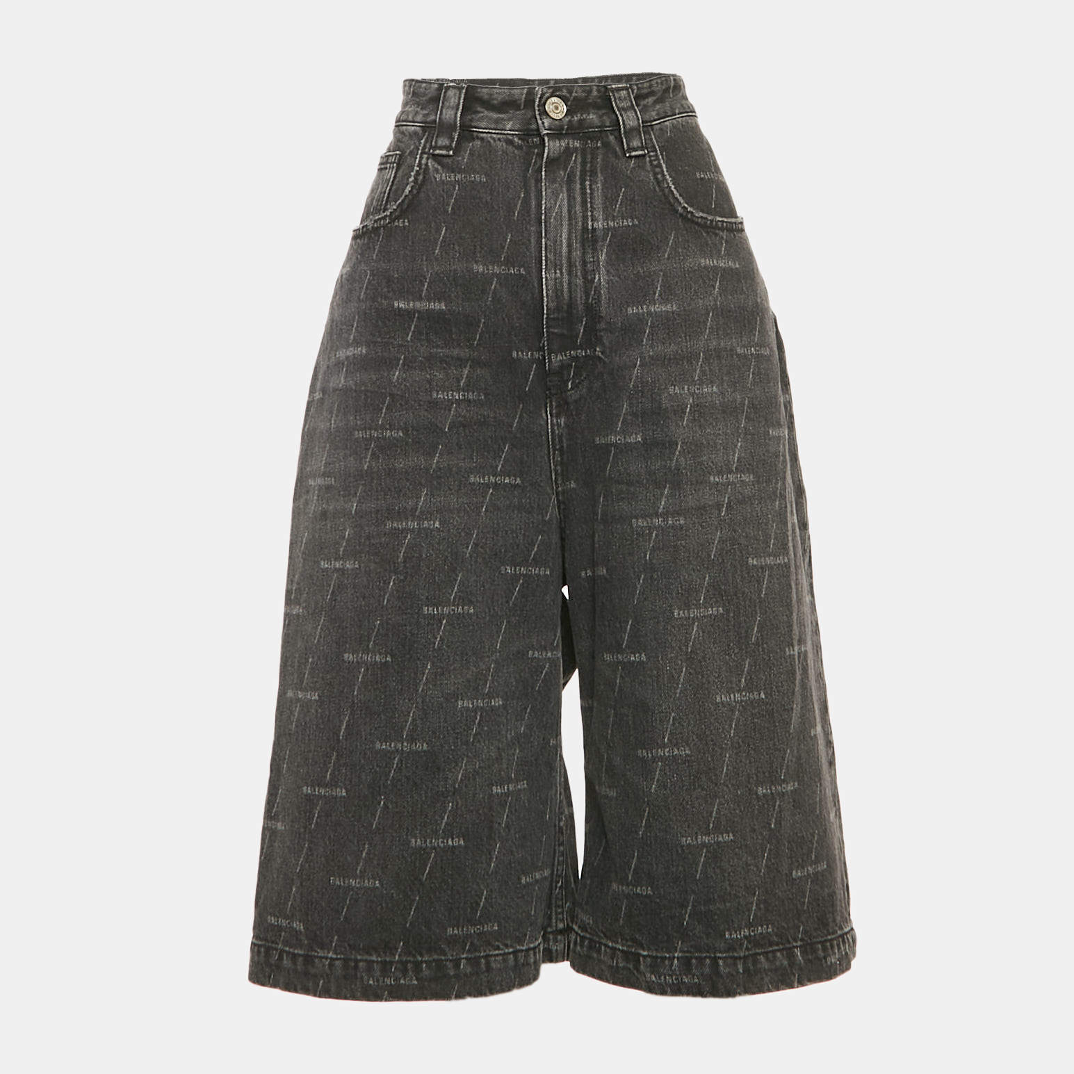 Pre Owned Balenciaga Black Logo Print Denim Mid-Rise Shorts S
