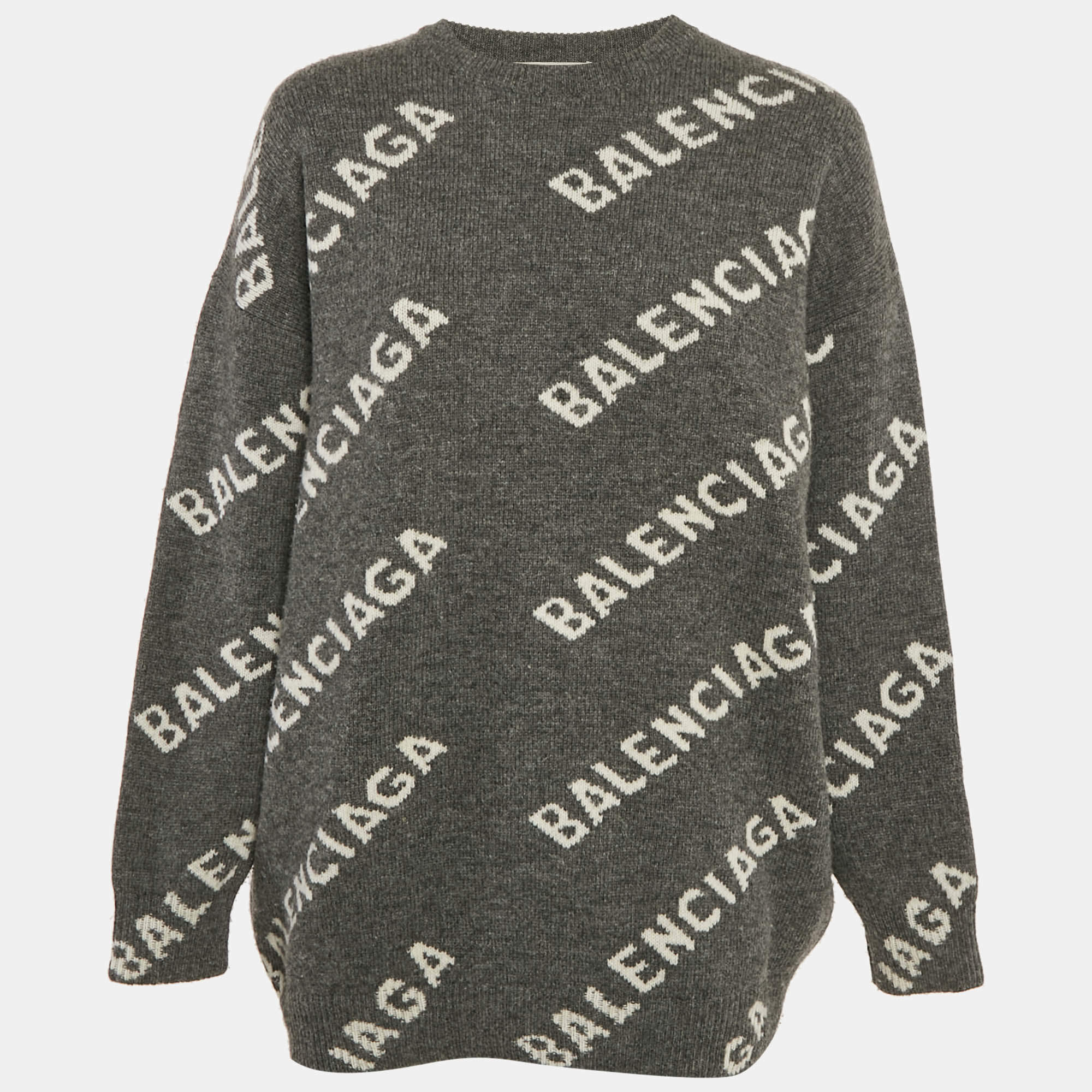 Pre Owned Balenciaga Grey Logo Intarsia Wool Knit Sweater S