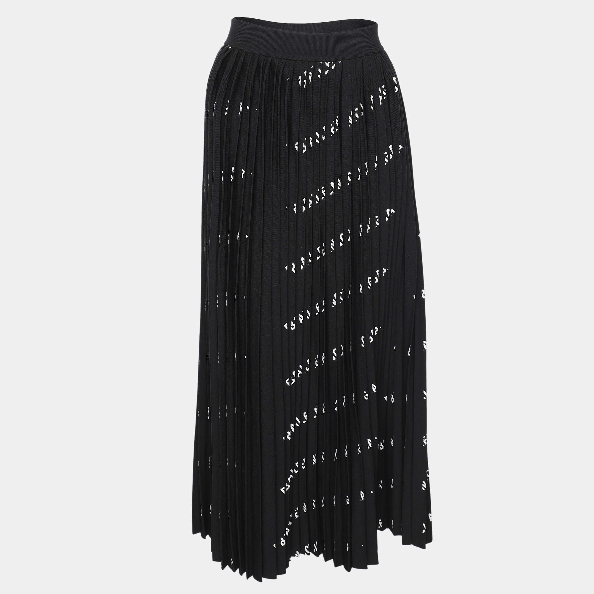 Balenciaga Black All-Over Logo Print Knit Pleated Midi Skirt M