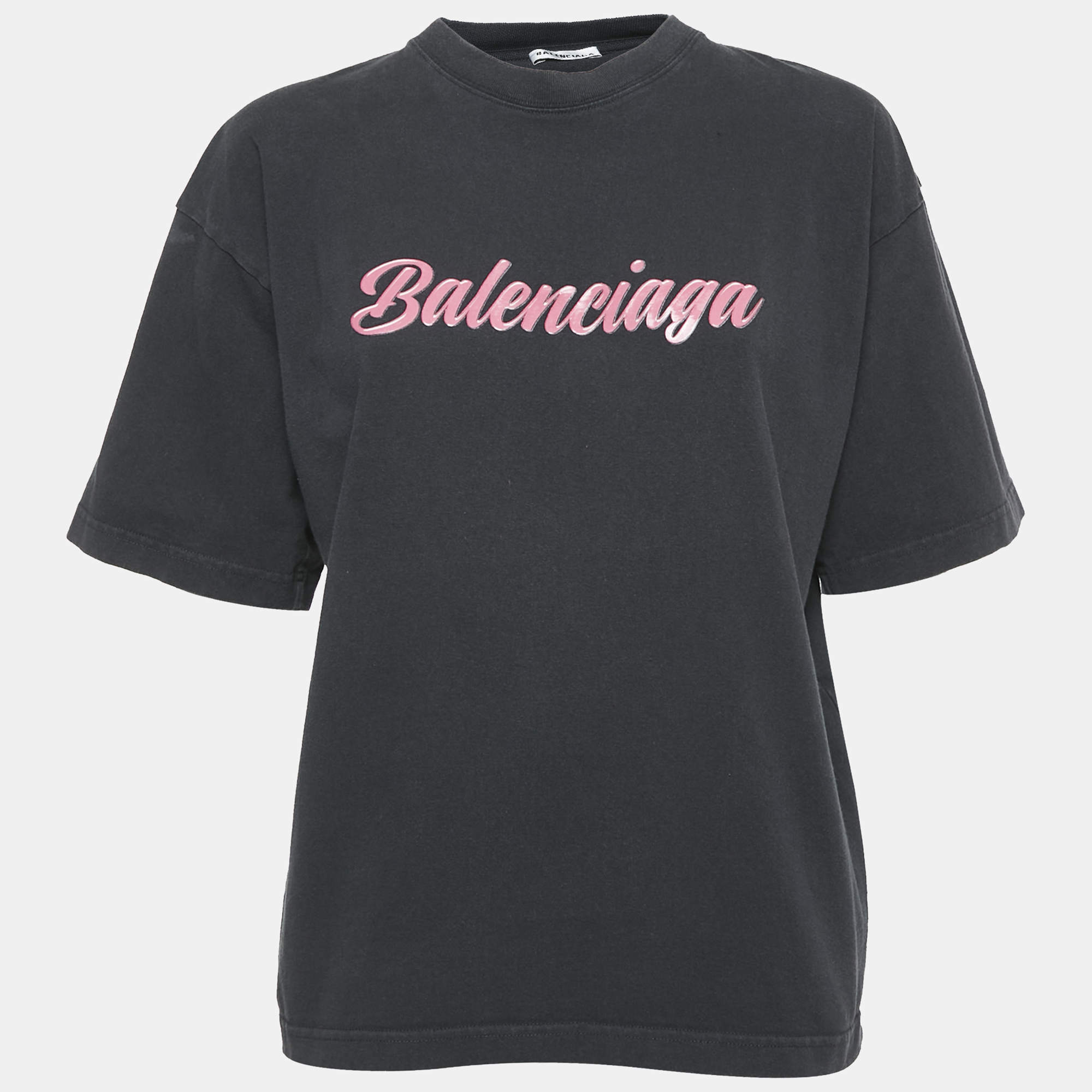 Pre Owned Balenciaga Faded Black Logo Print Jersey Crewneck T-Shirt M