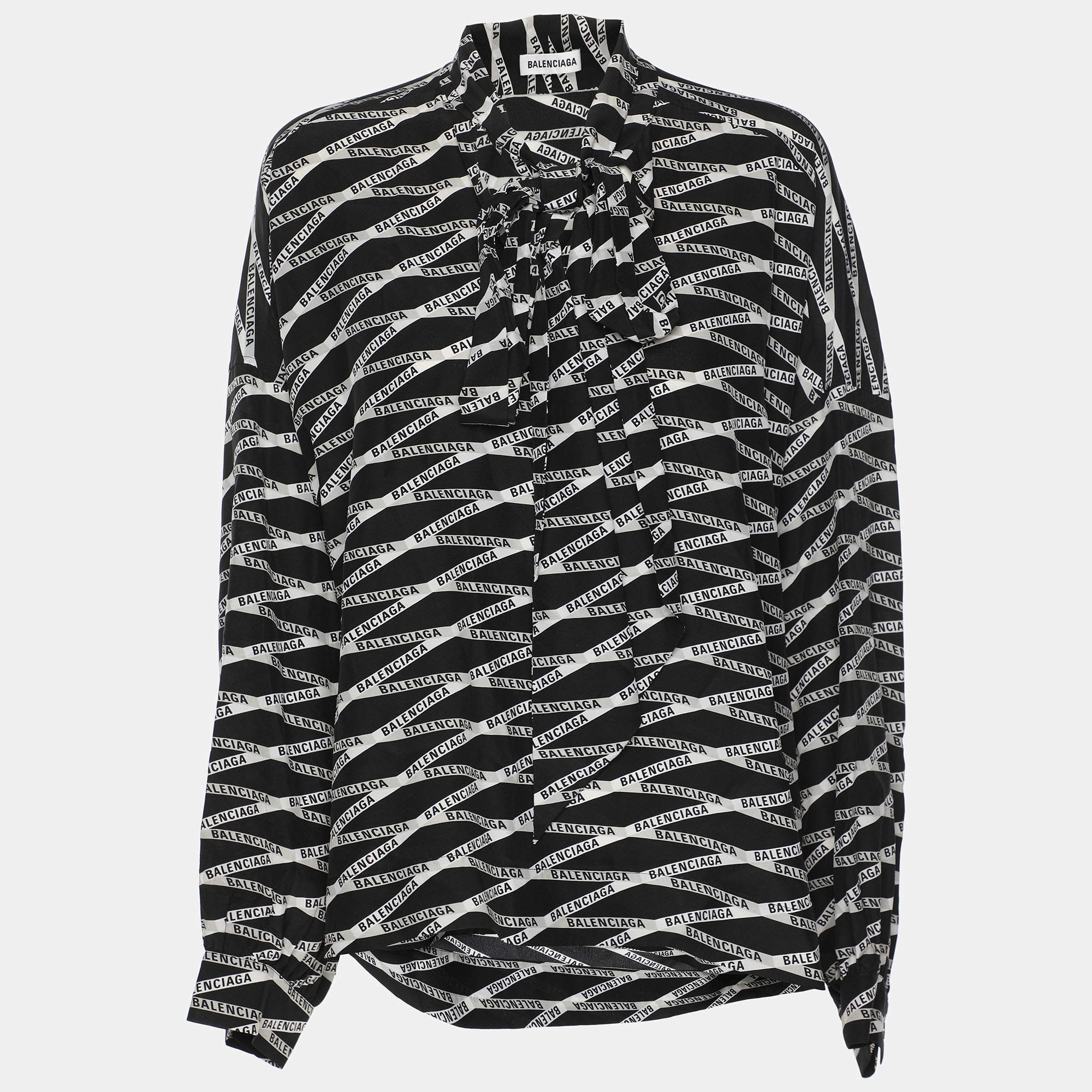 Pre Owned Balenciaga Black Zig Zag Logo Printed Silk Neck Tie Detail Top M