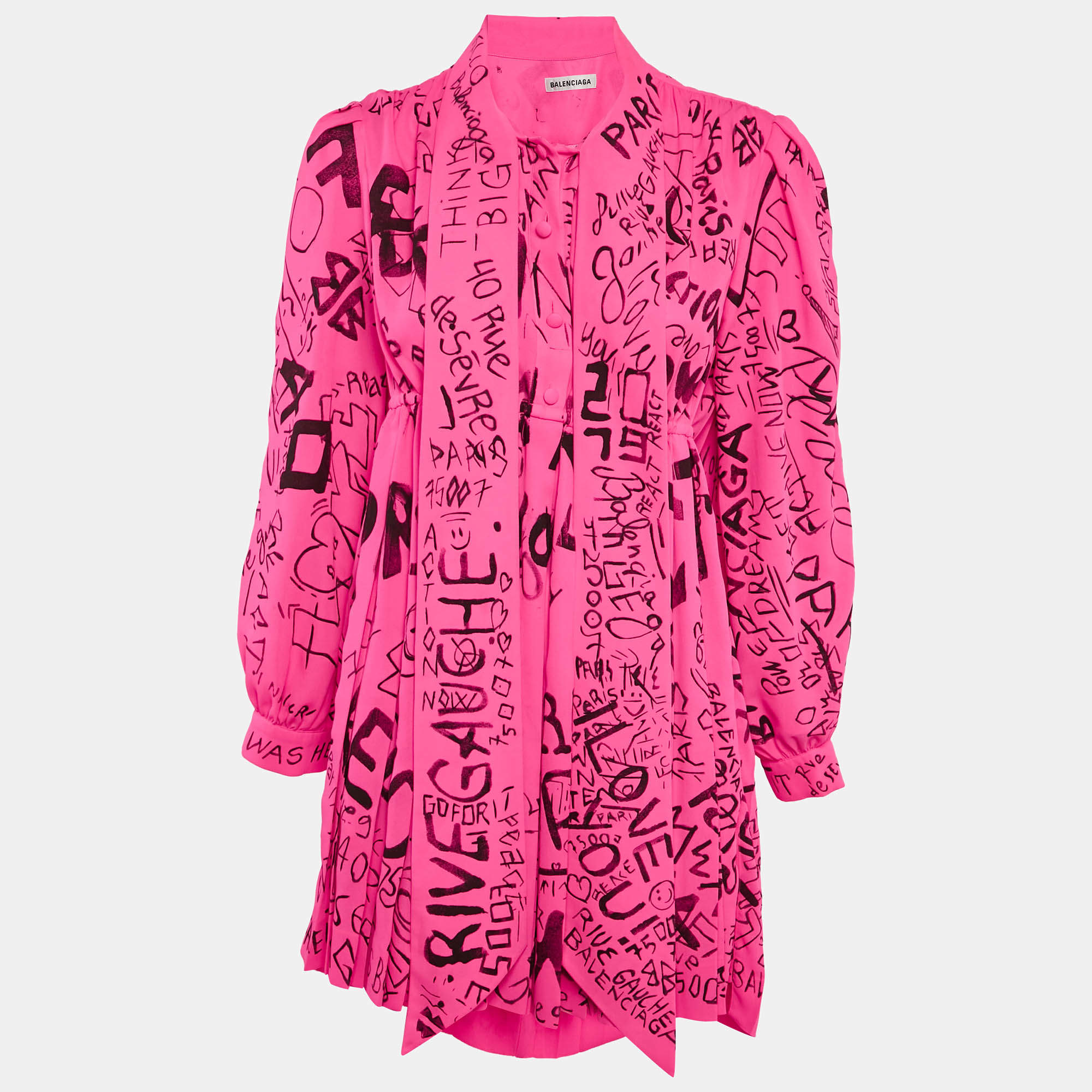 Balenciaga Fluorescent Pink Graffiti Print Chiffon Pleated Mini Dress S