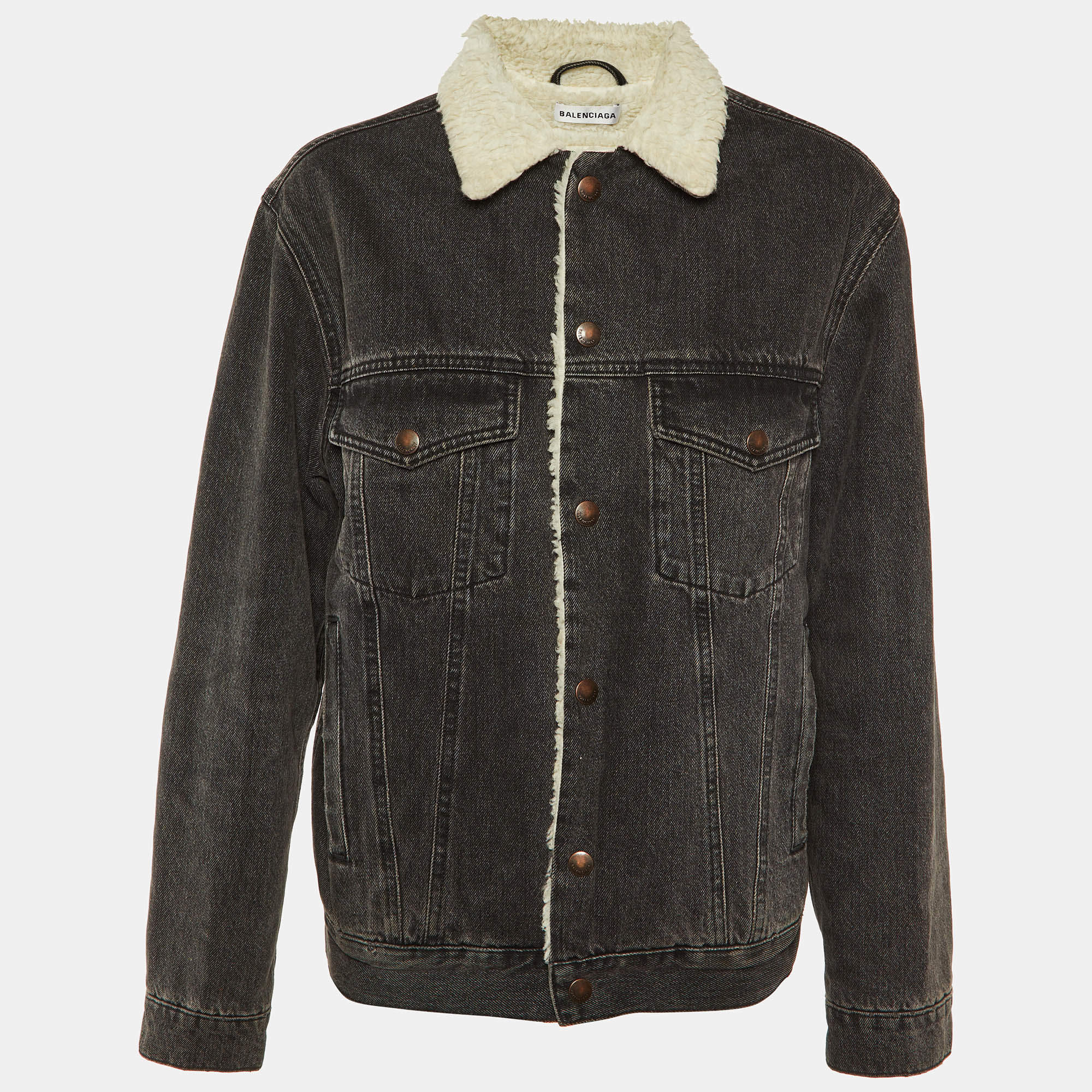 Balenciaga Black Denim Button Front Shearling Jacket S