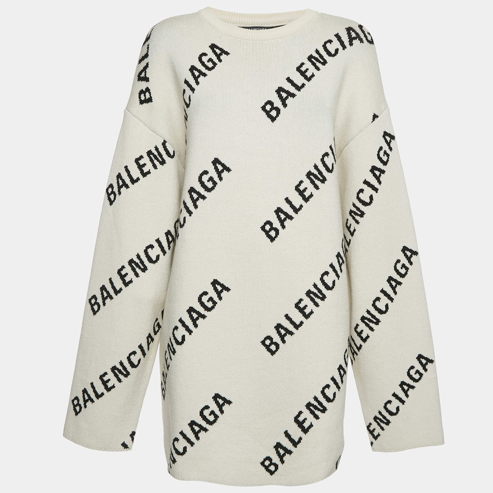 Balenciaga Off-White Monogram Jacquard Knit Crew Neck Sweater S