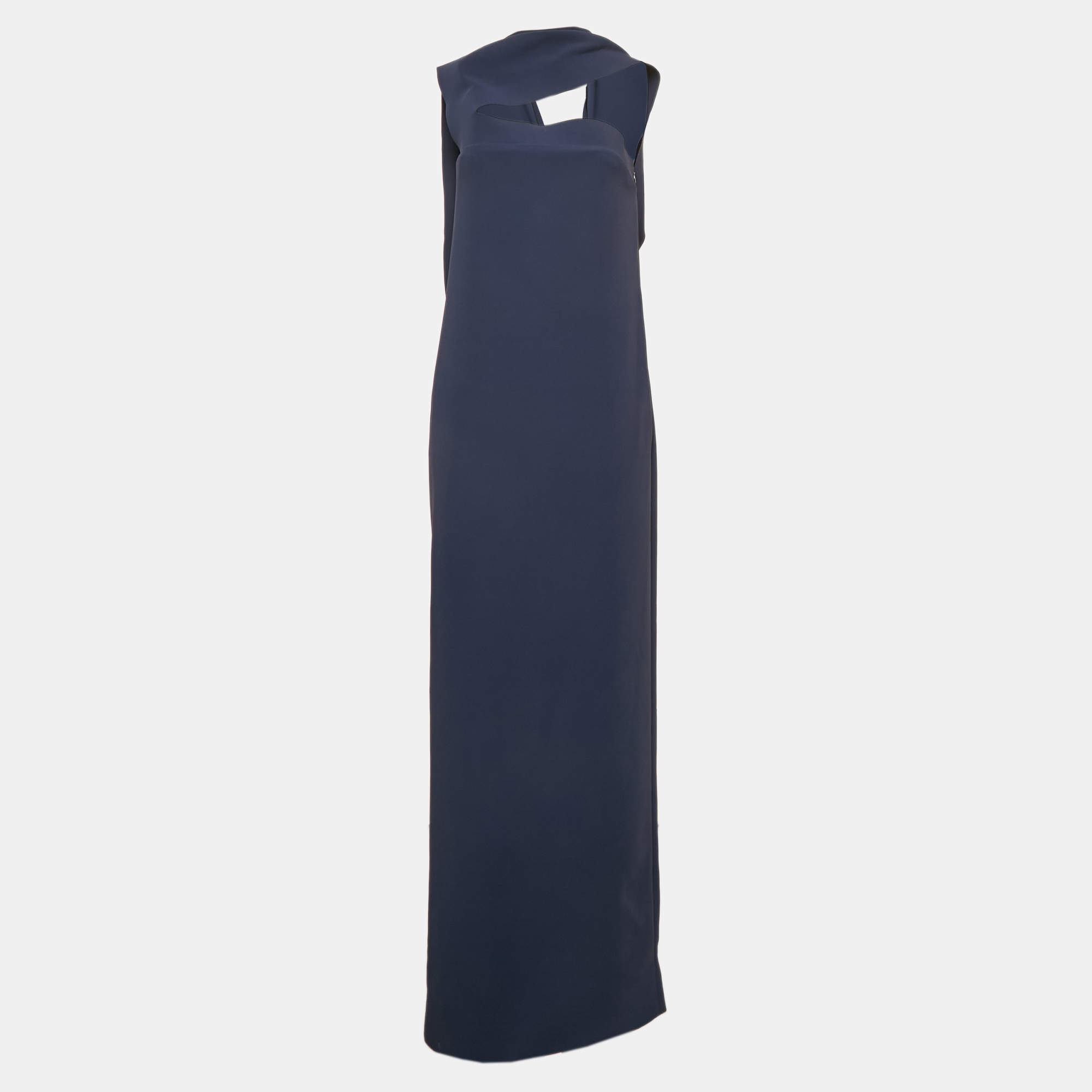 Pre Owned Balenciaga Navy Blue Crepe Drape Shoulder Maxi Dress M