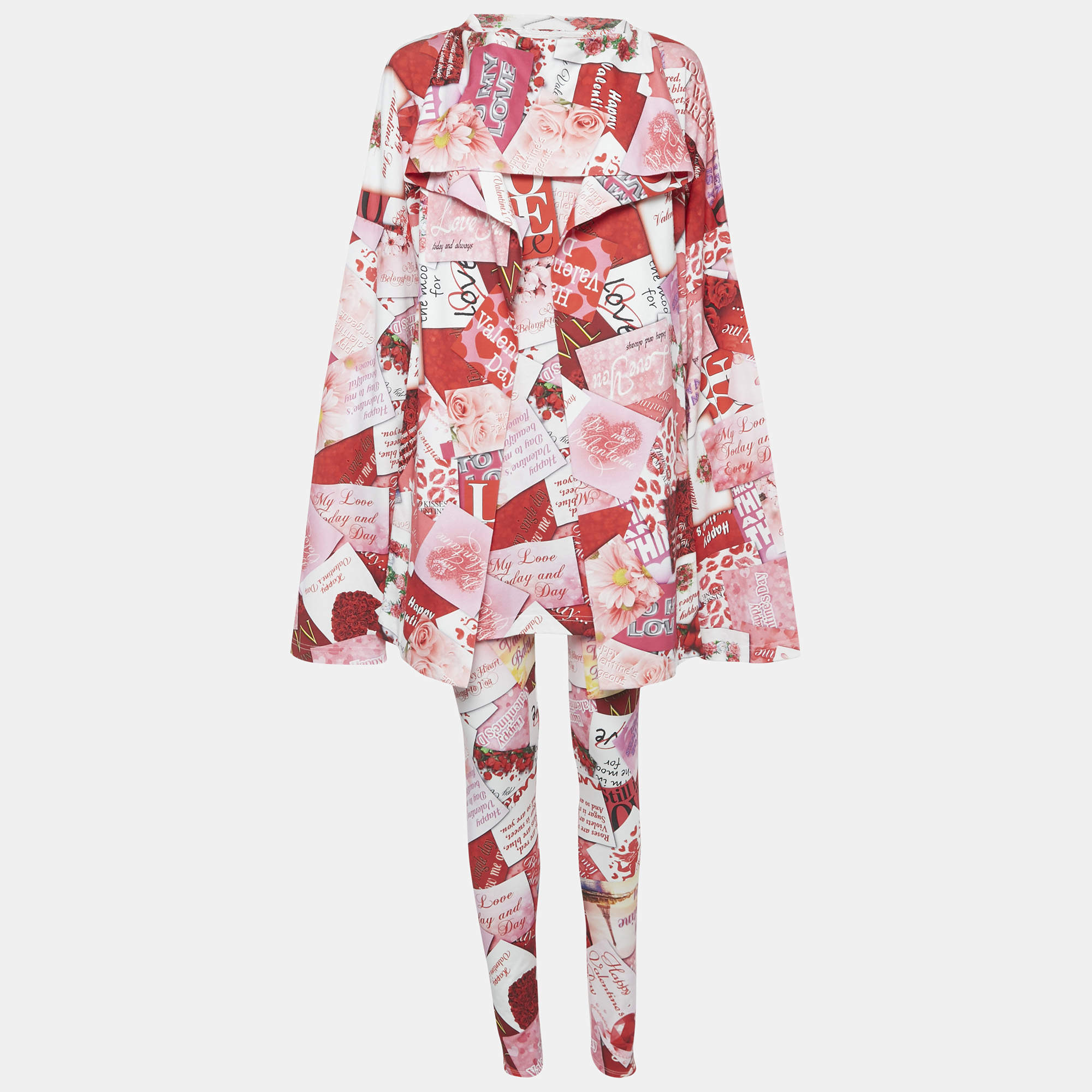 Balenciaga Multicolor Graphic Printed Cotton Knit Tie Detail Oversized Top & Leggings Set L