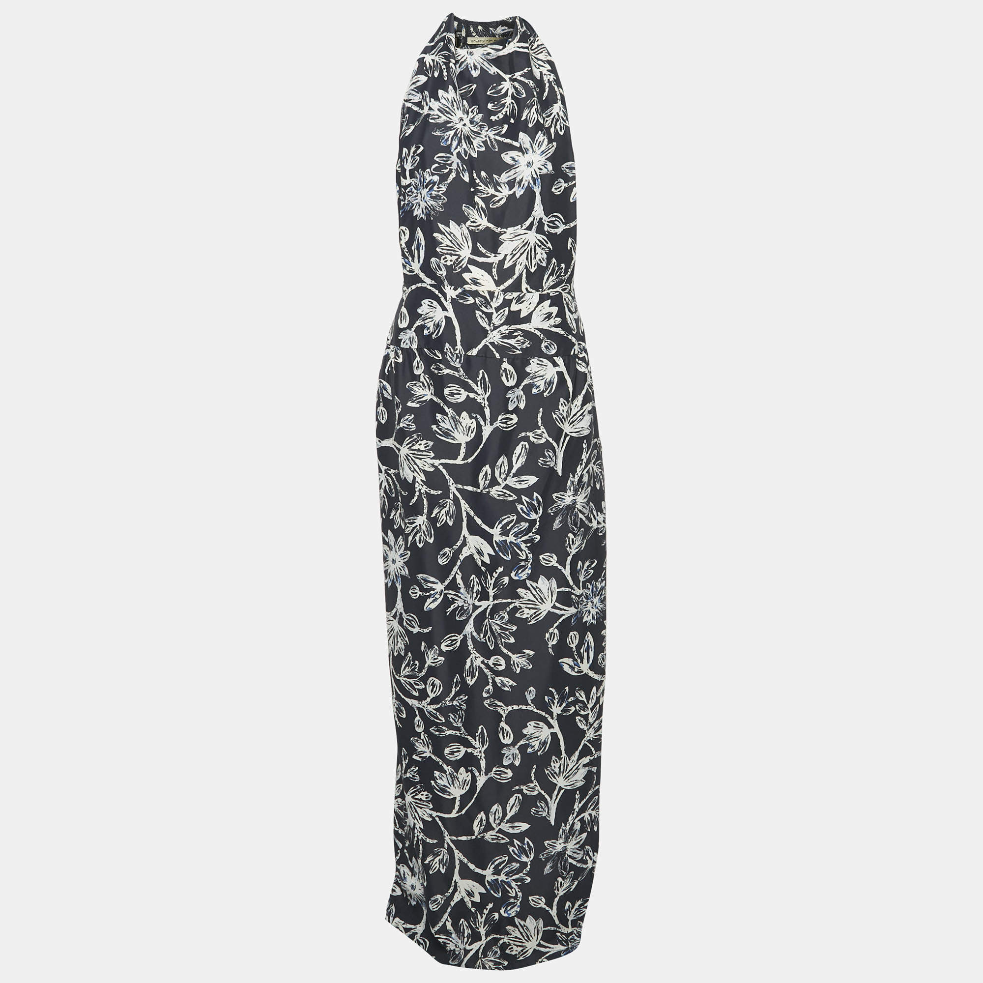 Balenciaga Navy Blue Floral Print Crepe Silk Sleeveless Gown L